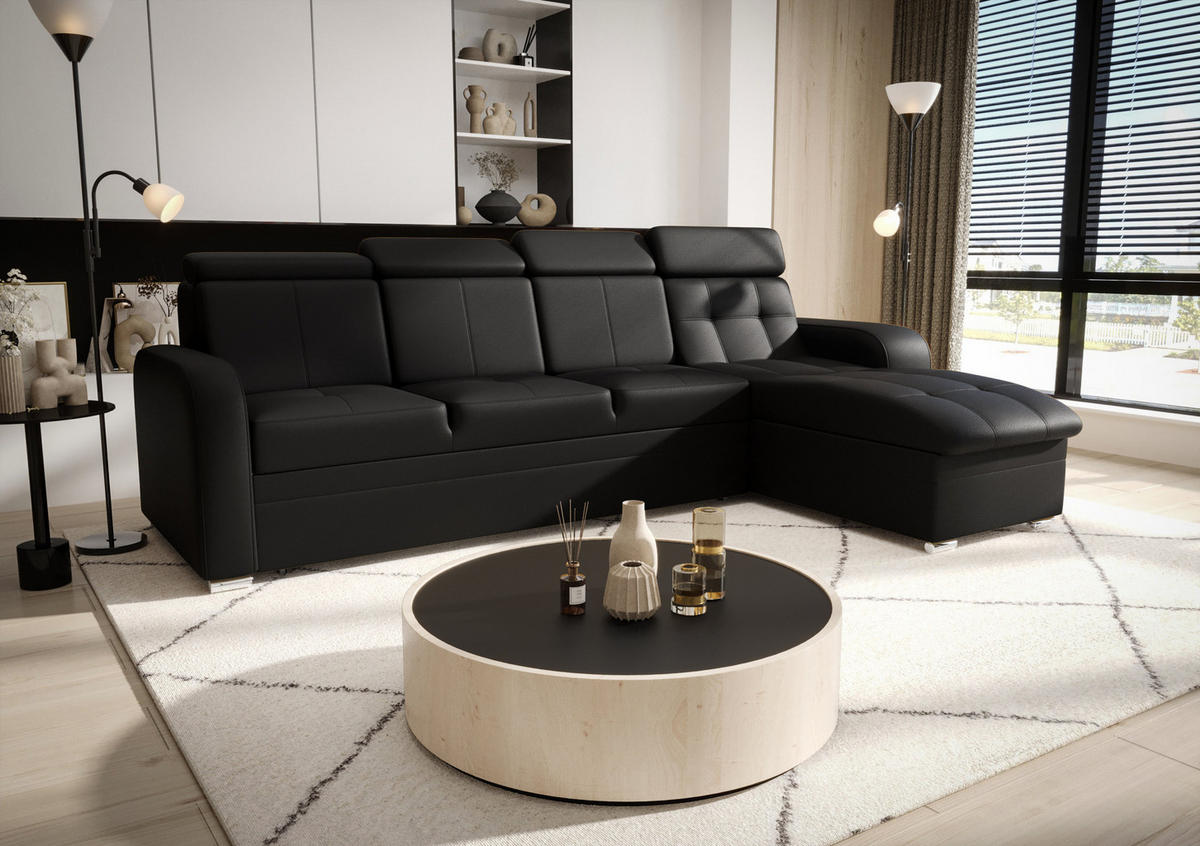 ECKSOFA KONGO RBN10, Eckcouch in L-Form mit Schlaffunktion, Farbe: Schwarz, Kunstleder, Ottomane Rechts - Schwarz, Textil (315/169cm) - O-Sofa