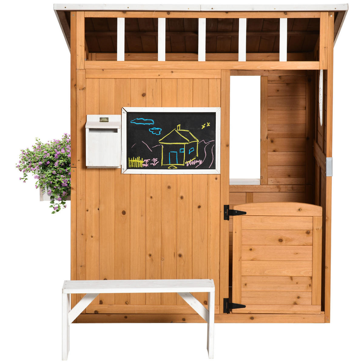 SPIELHAUS für Kinder Holz Kinderspielhaus mit Fenster Briefkasten Blumentopfrack - Naturfarben, Holz (108/135.5/122cm) - Outsunny