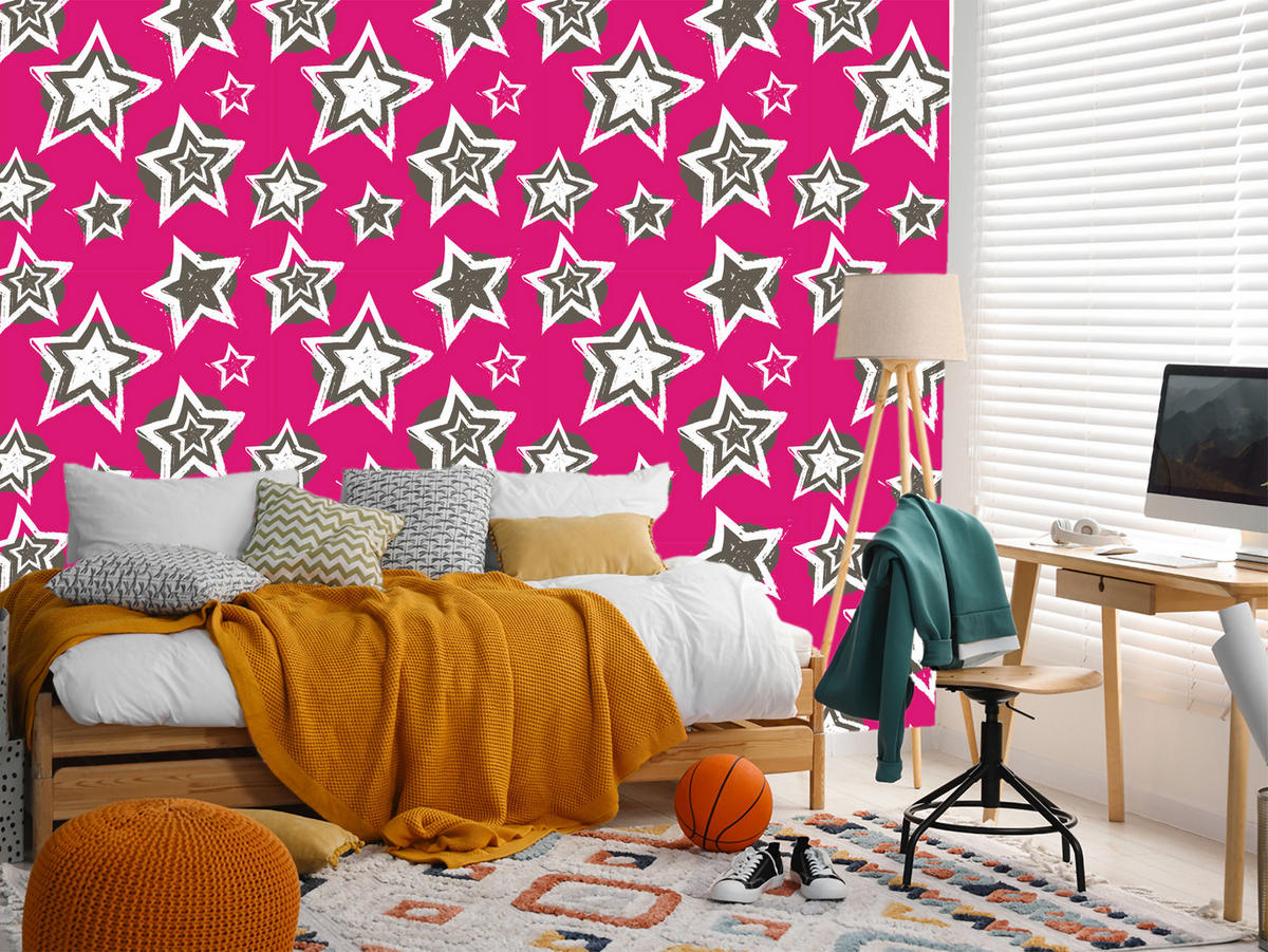VLIESTAPETE Rock-Sterne im Comic-Stil – Pink, Schwarz, Weiß – 50x1000 cm - Pink/Schwarz, Papier (50/1000cm) - Muralo