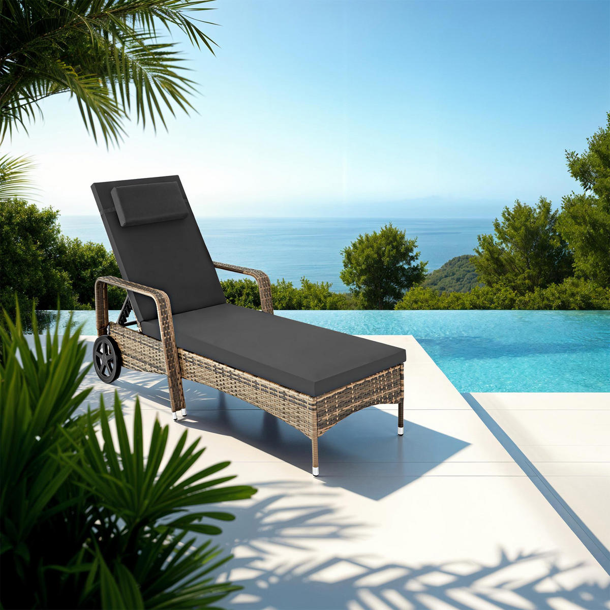 RATTAN-SONNENLIEGE ,200 x 70 x 33 cm,natur/dunkelgrau - Naturfarben, Kunststoff (70/33/200cm) - tectake