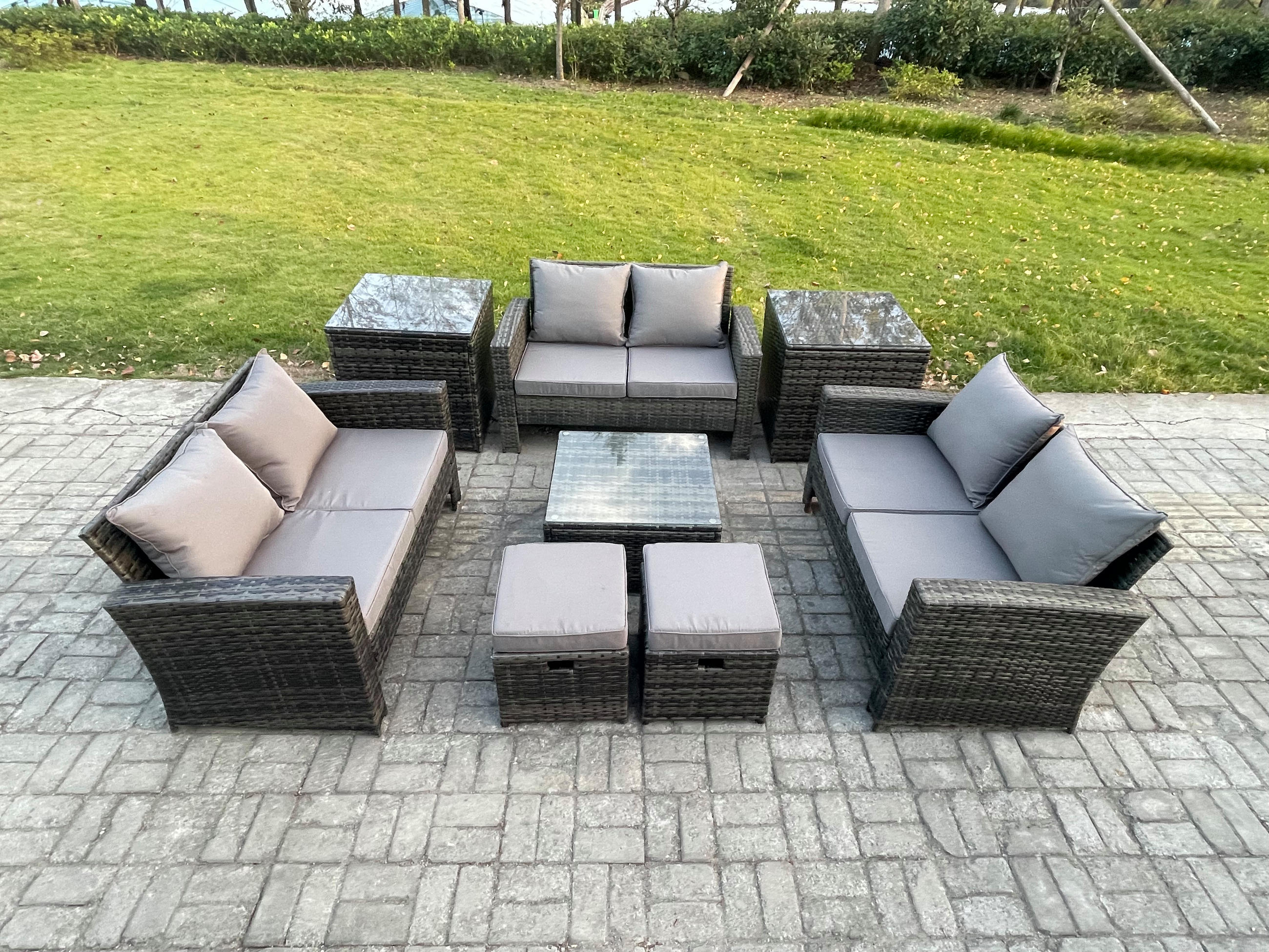 GARTENSOFA Hohe Rückenlehne Polyrattan Dunkelgrau 8-Sitzer - Dunkelgrau, Metall - Fimous