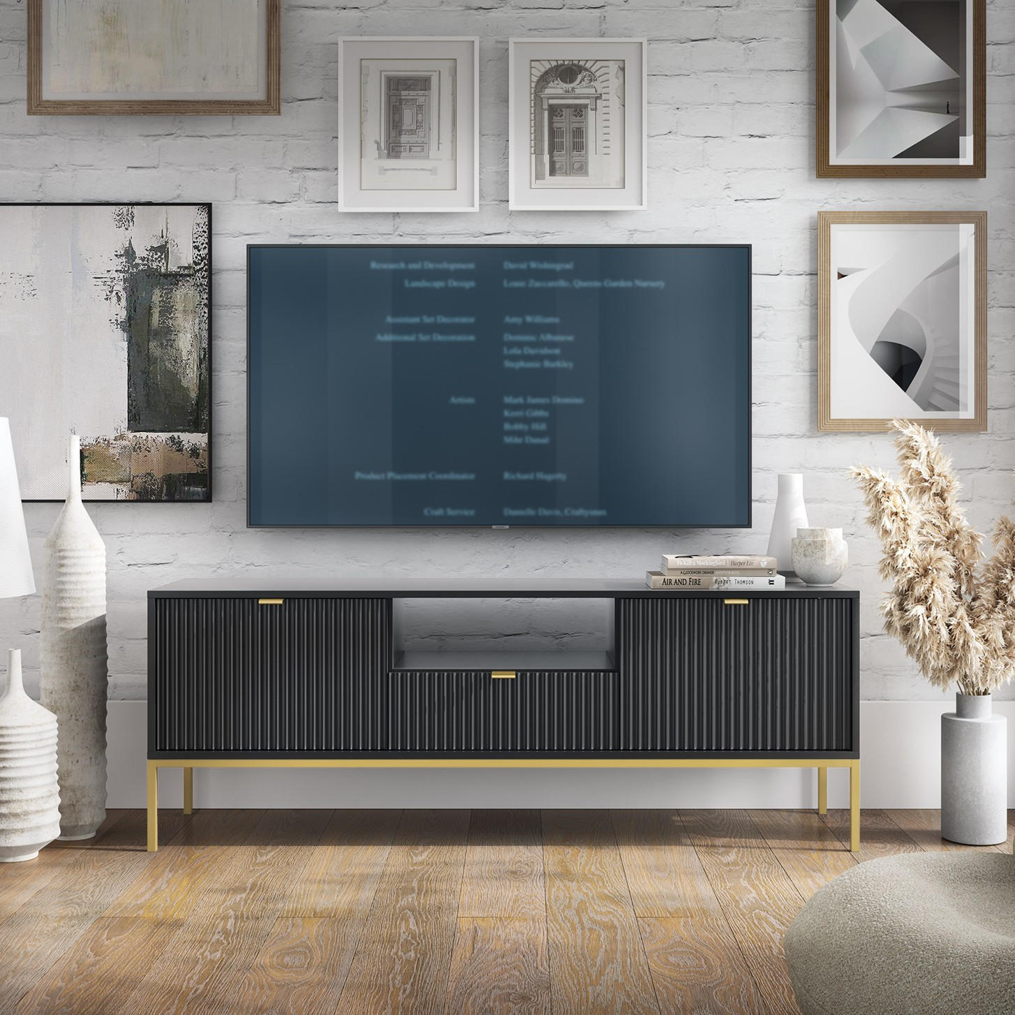 LOWBOARD STELLARE 154x39x56 cm mit 1 Schubladen und 2 Türen Schwarz - Goldfarben/Schwarz, Holzwerkstoff (154/56/39cm) - MASSENO