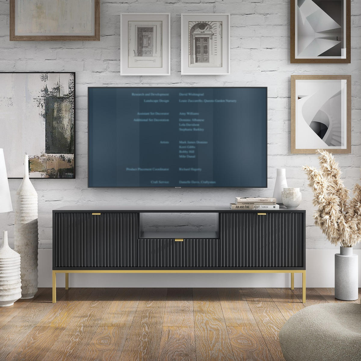 LOWBOARD STELLARE 154x39x56 cm mit 1 Schubladen und 2 Türen Schwarz - Goldfarben/Schwarz, Holzwerkstoff (154/56/39cm) - MASSENO