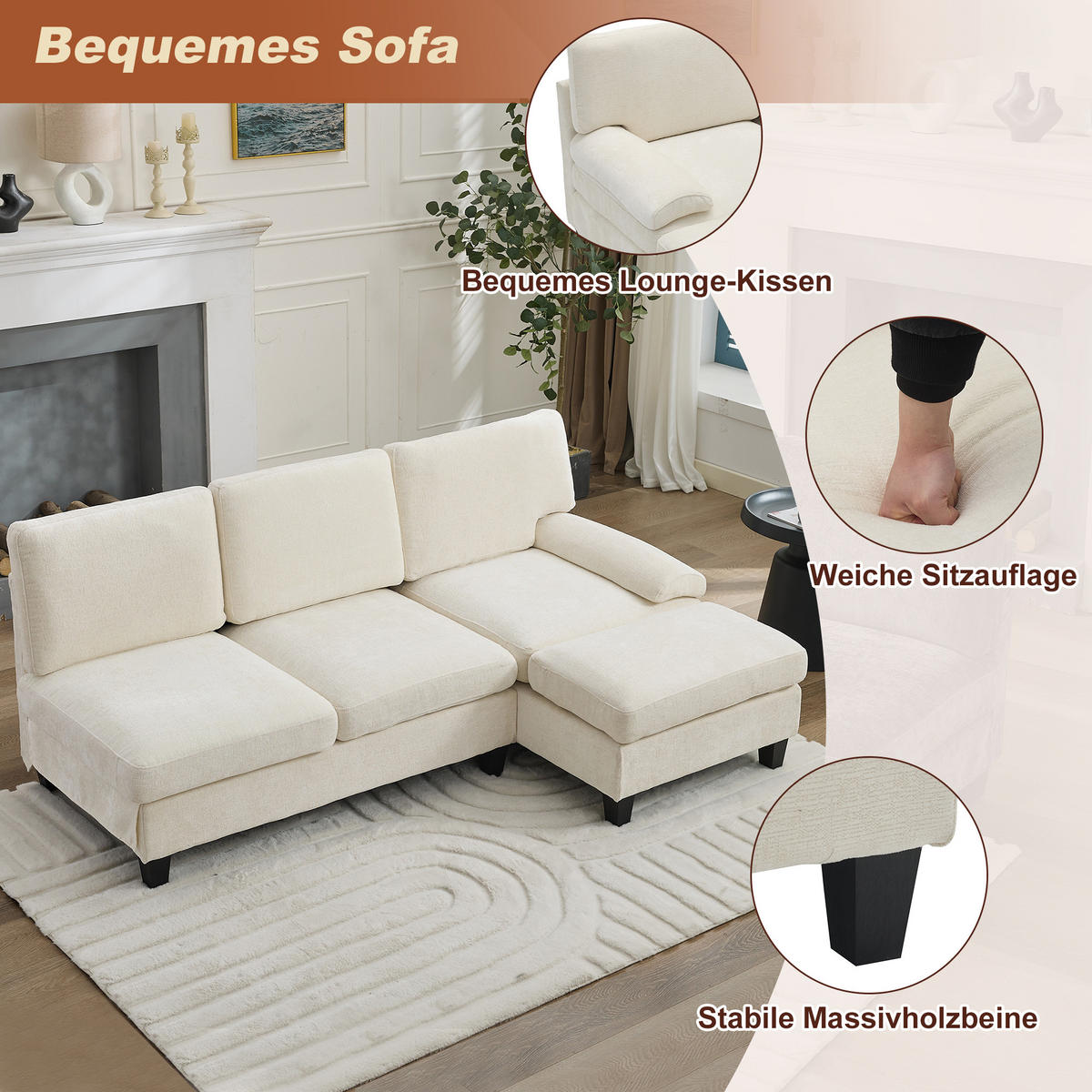 ECKSOFA L-Form, Stoff mit bequemer Polsterung, 194/118/81 cm, Beige - Beige, Textil (118/194cm) - Redom