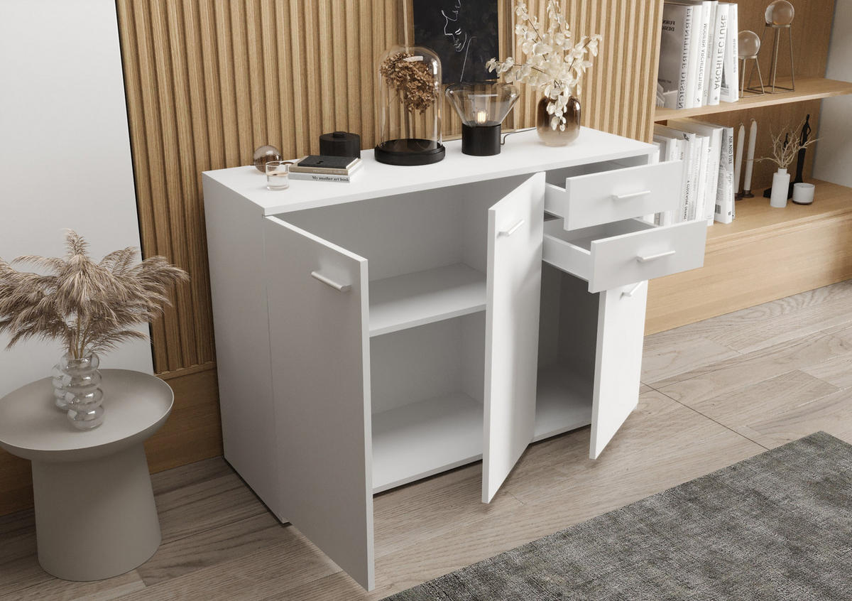 KOMMODE London LMK 3D2S mit 3 Türen, Sideboard in Farbe: Weiß, Größe: 106 x 75 x 35 cm - Weiß, Holzwerkstoff (106/75/35cm) - O-Sofa