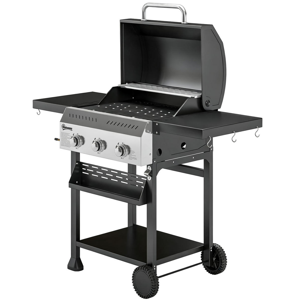 GASGRILL DE-10295 3 Brenner + klappbare Seitentische Edelstahl - Schwarz, Metall (57/102/123cm) - ComfortXL