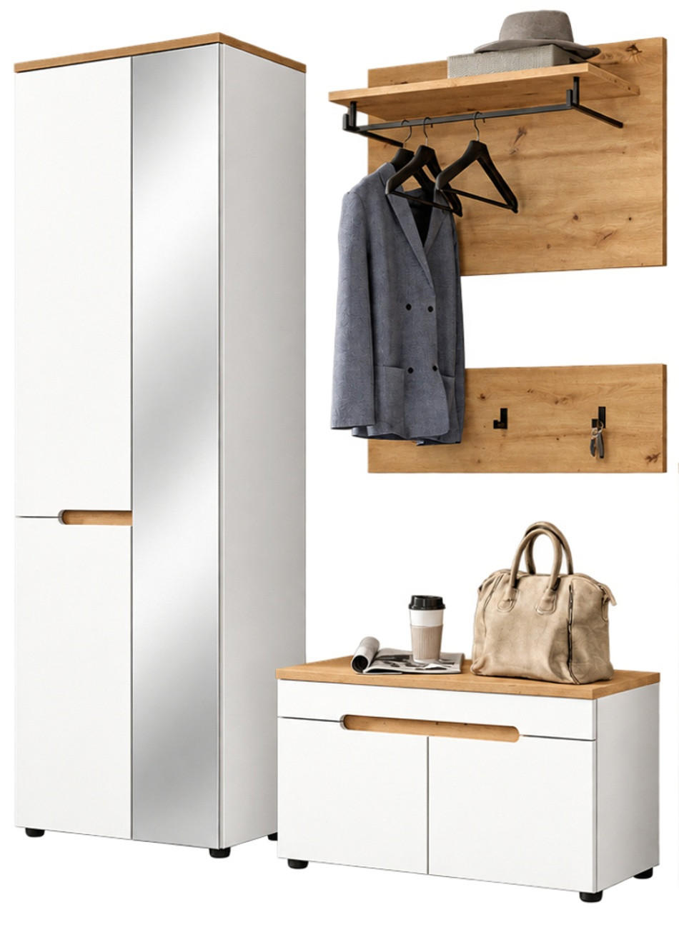 GARDEROBEN-SET weiß, Eiche Artisan 4-teilig 160 cm, Komplett-Set mit Soft-Close - Weiß, Glas/Holzwerkstoff (160/190/37cm) - Inn.Furn