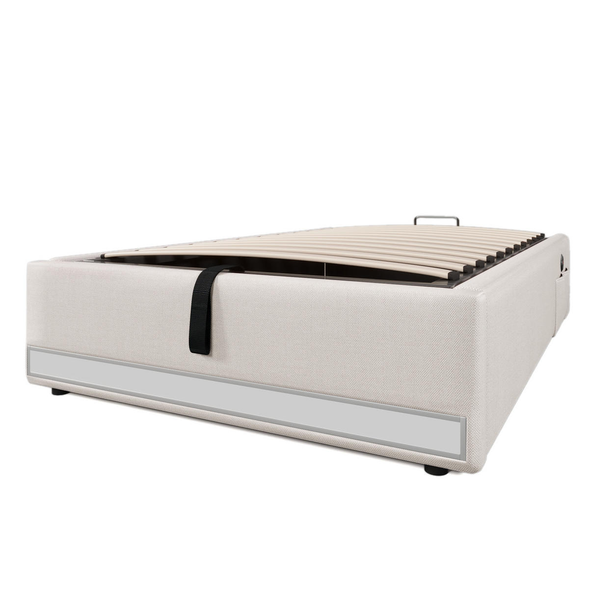 POLSTERBETT 90/200 cm mit LED-Leiste, USB, Typ-C, hydraulischem Bettkasten und Seitentaschen, Beige - Beige, Textil (90/200cm) - Redom
