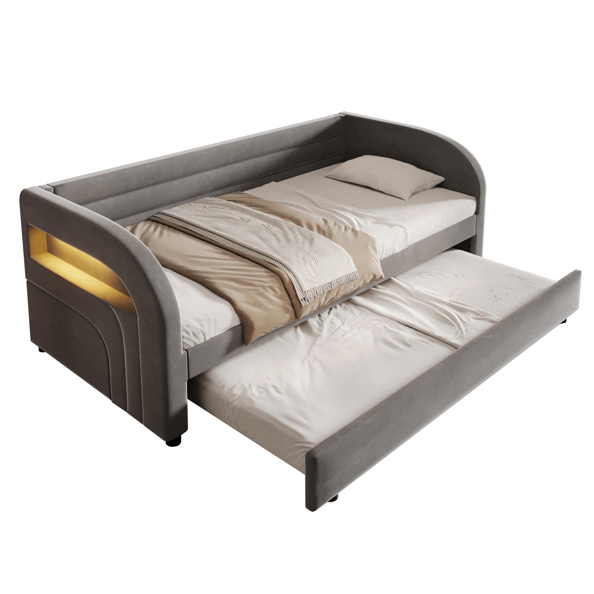 ČALOUNĚNÁ POSTEL 90/200 cm v šedé barvě s výsuvným lůžkem a LED - šedá, kov/kompozitní dřevo (90/200cm) - CHICFURN