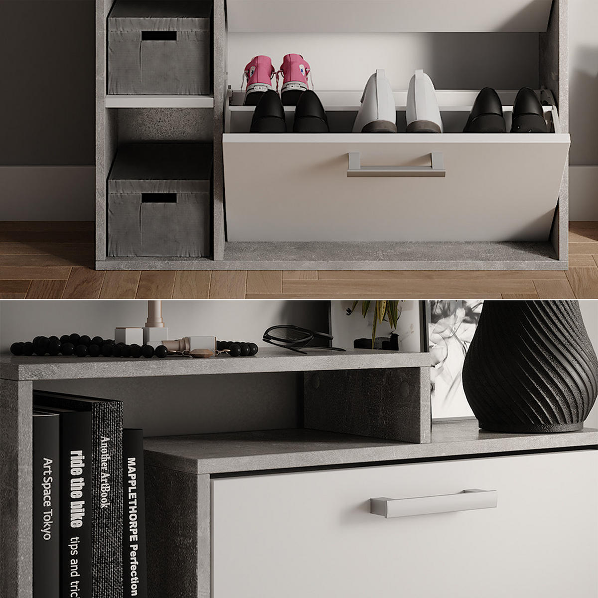 SCHUHKOMMODE Orlando Beton 80 x 128.3 cm mit 3 Fächern - Schieferfarben/Weiß, Holzwerkstoff (80/128.3/24.2cm) - Vicco