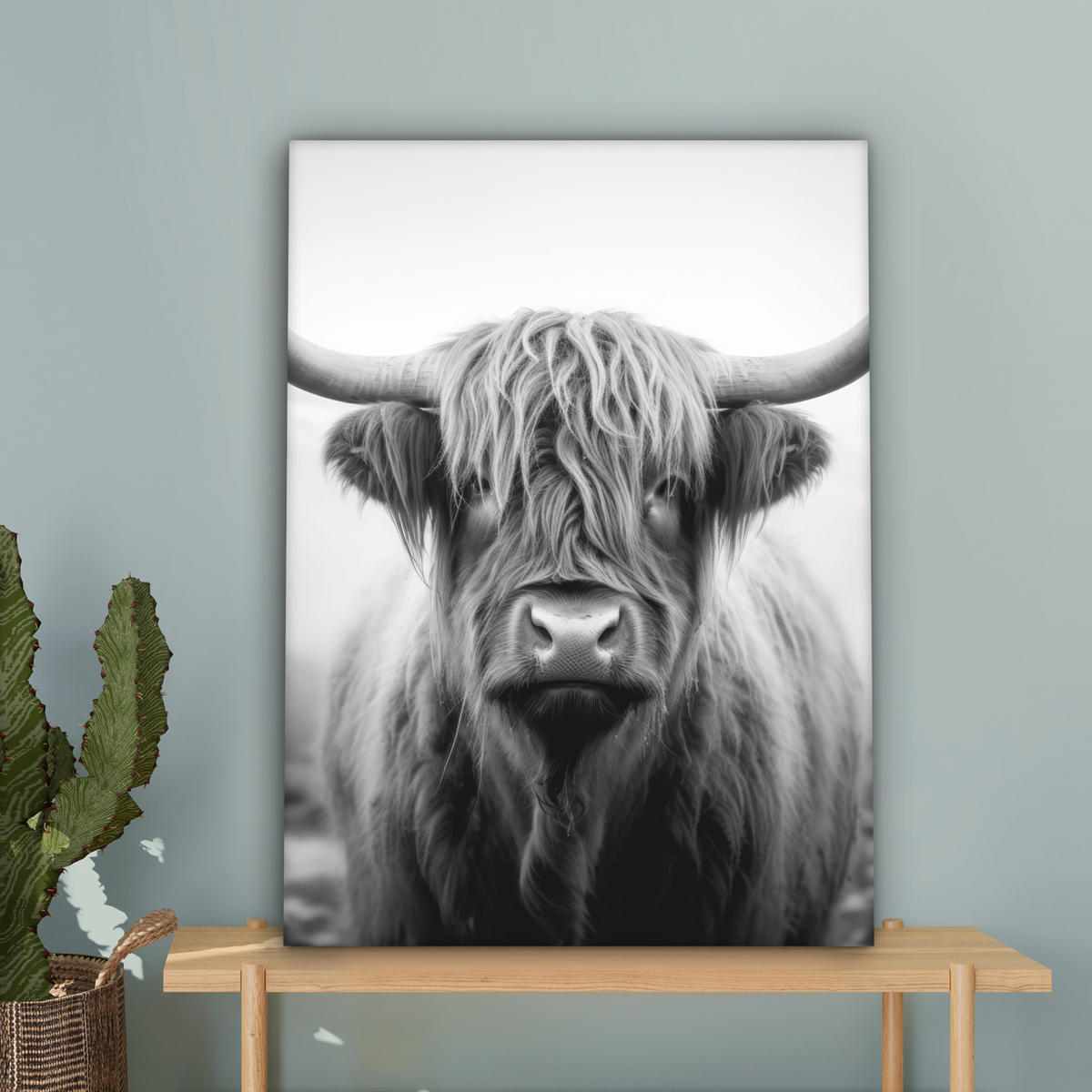 LEINWANDBILD - Schottischer Highlander - Nebel - Schwarz - Weiß - 60x80 - Gemälde - Grau, Textil (60/80cm) - MuchoWow