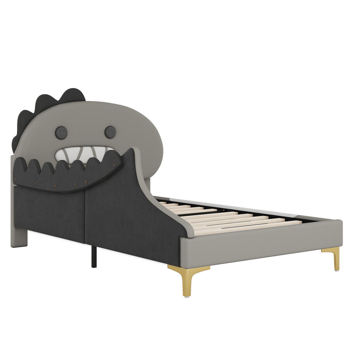 KINDERBETT aus PU 90x200 cm Grau mit Cartoon-Dinosaurier-Design und pflegeleichter Oberfläche - Grau, Kunststoff (90/200cm) - Modfu