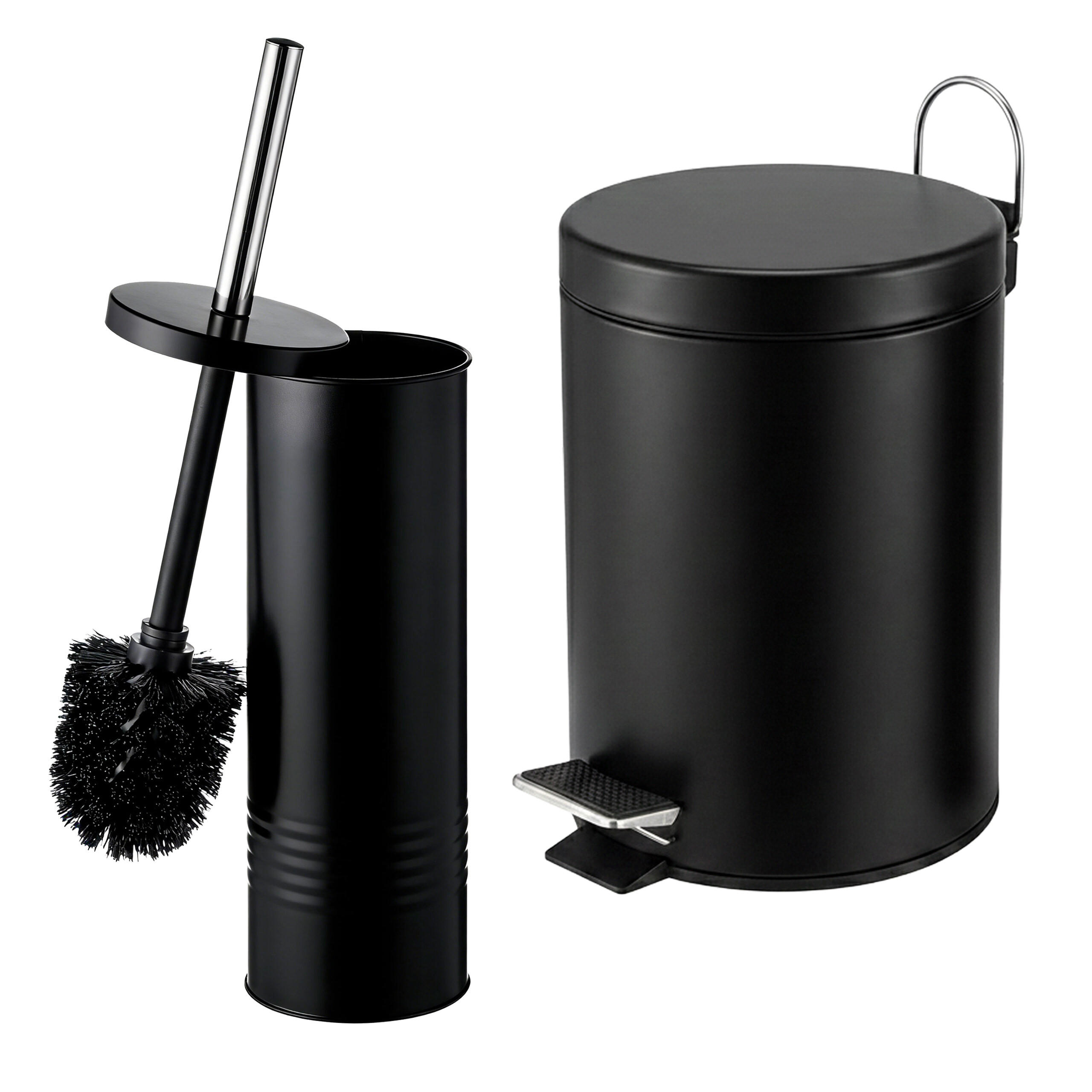Relaxdays SET Černý 2-dílný pedálový koš WC kartáč
