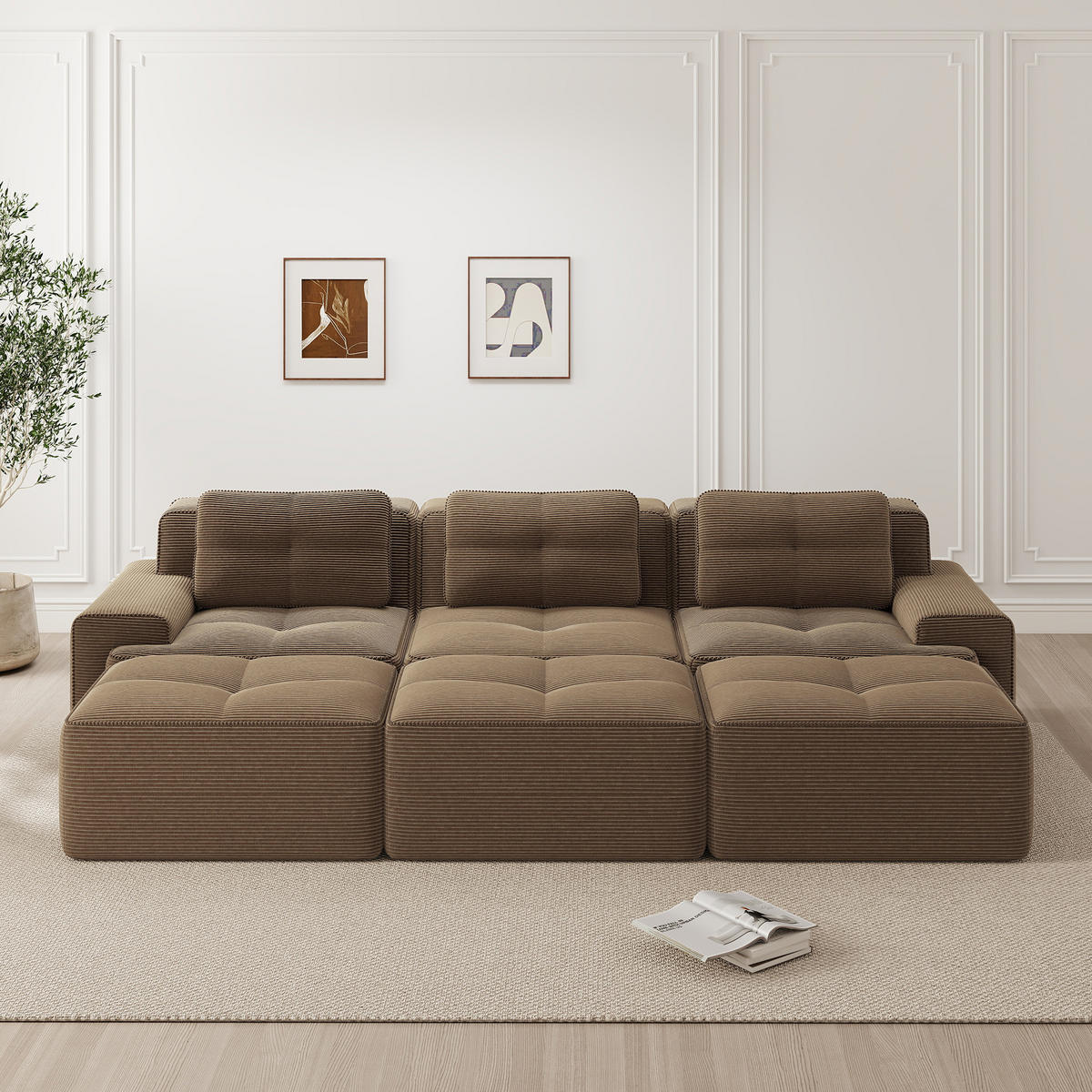 3-SITZER Sofa 293x177x69 cm aus Cordstoff rahmenlos modular mit 3 Hockern, braun - Braun, Textil (177/69/293cm)
