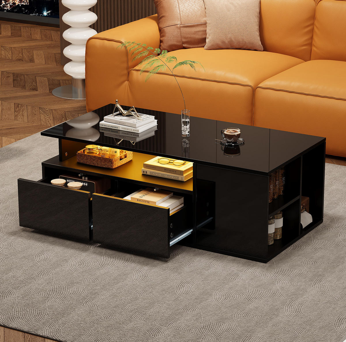 COUCHTISCH 100/50/35 cm in Schwarz mit LED-Beleuchtung und 2 Schubladen - Schwarz, Holzwerkstoff (100/50/35cm) - Flora Grace
