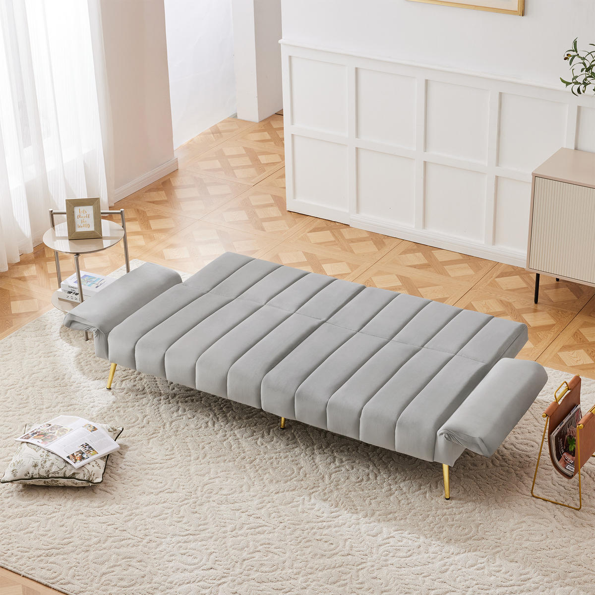 SOFA Schlaffunktion Klappbar Samtstoff Hilfsfüße Modern Gästezimmer - Grau, Holz (83.82/24.77/43.69cm) - FLIEKS