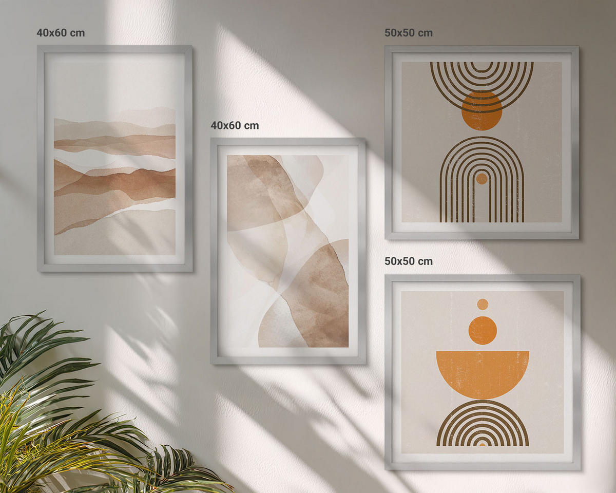 BILDER SET 4er Set - 50x50 cm & 40x60 cm Silberner Rahmen - Strukturen schattieren Minimalismus - Silberfarben, Kunststoff (50/50cm) - TULUP