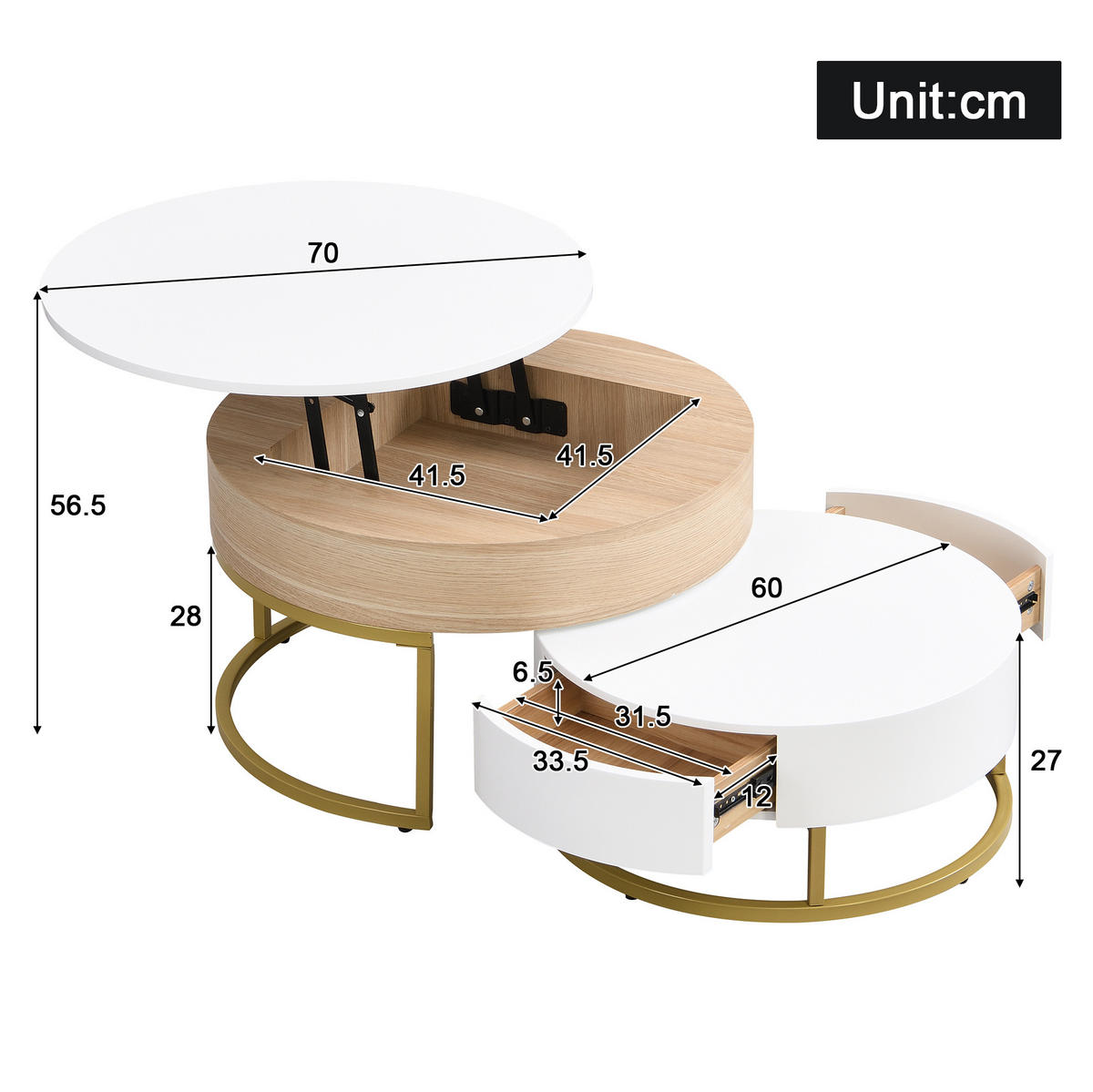 KONFERENČNÍ stolek 70/70/56 cm bílý a zlatý z MDF s výklopnou deskou a zásuvkou - bílá, kompozitní dřevo (70/70/56.5cm) - OKWISH