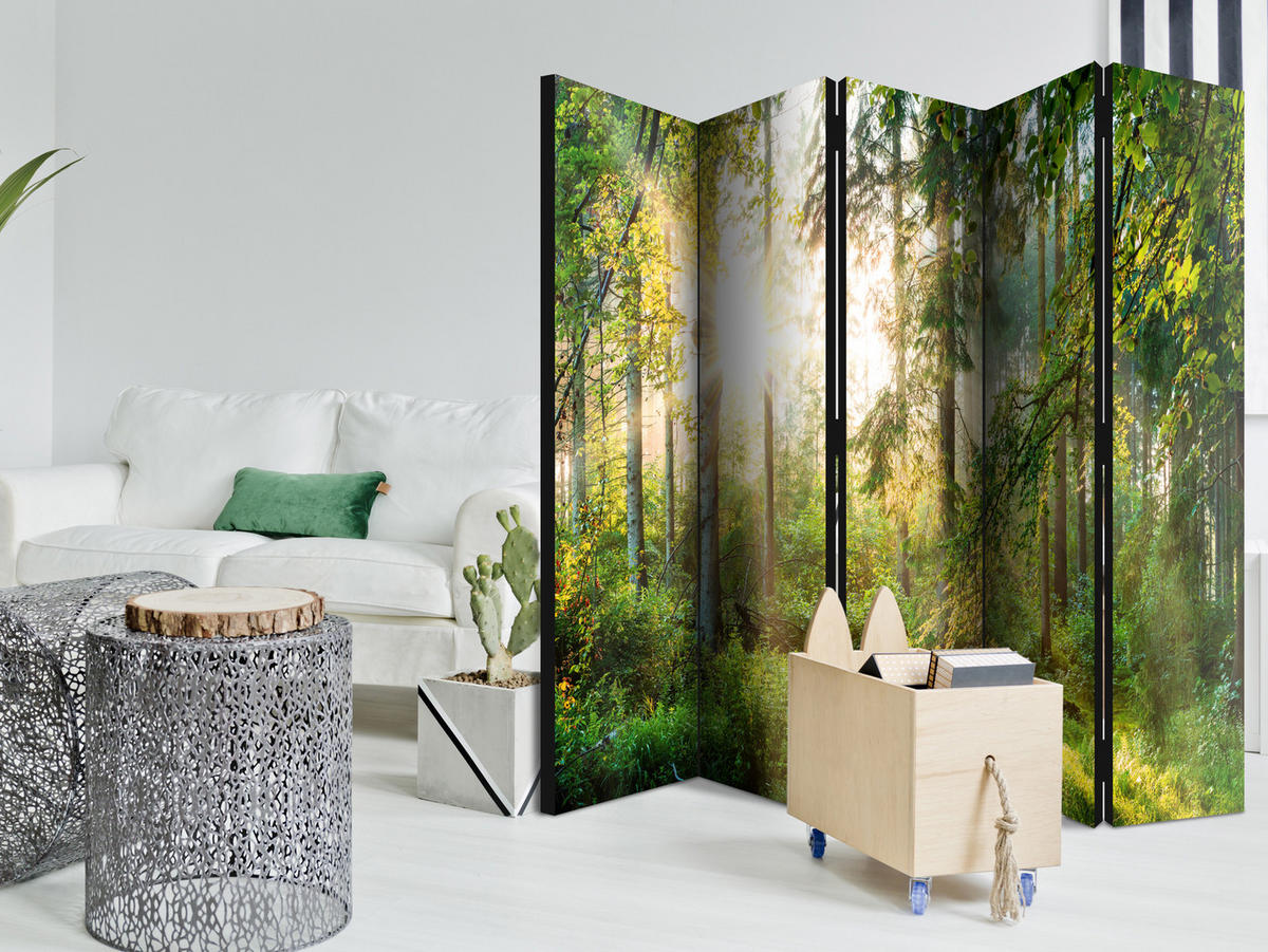 PARAVÁN Jednostranný 5-dielny 225x172 cm Les pri Východe Slnka - zelená, drevo/textil (225/172/3cm) - Muralo