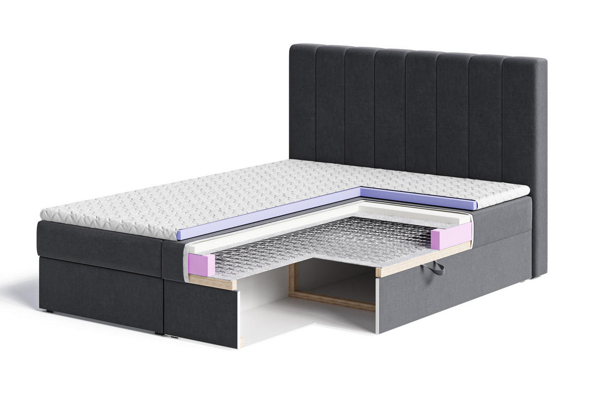 BOXBETT 01 BIS 160 x 200 cm - Vibe - Modernes Polsterbett mit Bettkasten inkl. PU-Schaum-Topper und Federmechanismus - Grau, Holz (160/200cm) - ROYAL24_MARKT