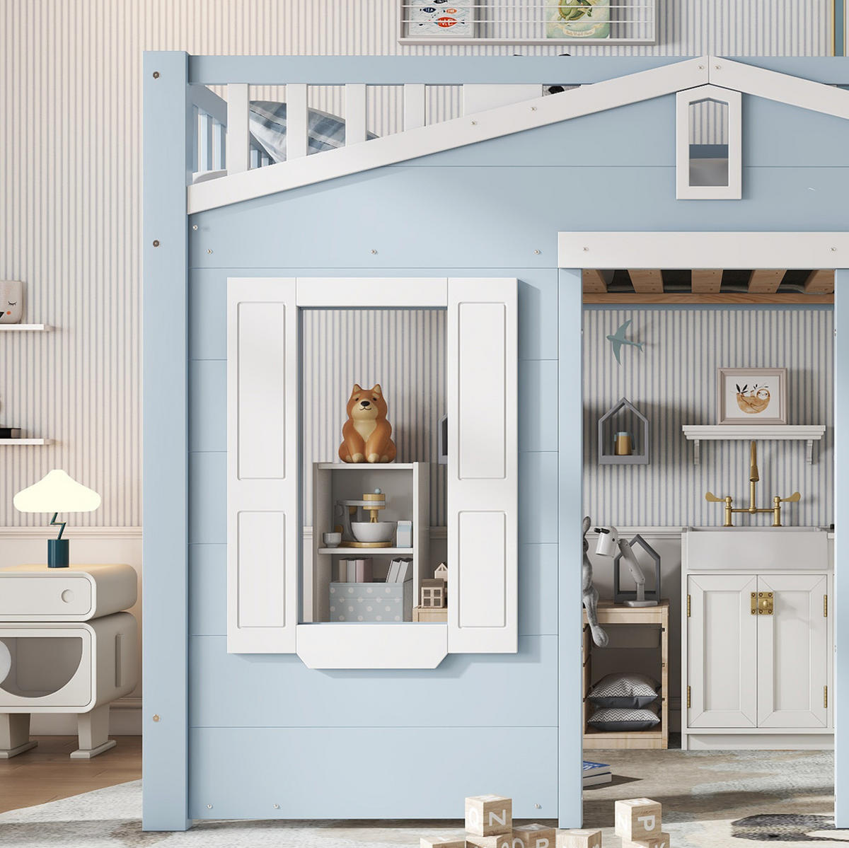 HOCHBETT 90/200 cm mit flexibel montierbarer Treppe und Fenstergestaltung aus Kiefer und MDF, Weiß/Blau - Blau, Holzwerkstoff (90/200cm) - Redom