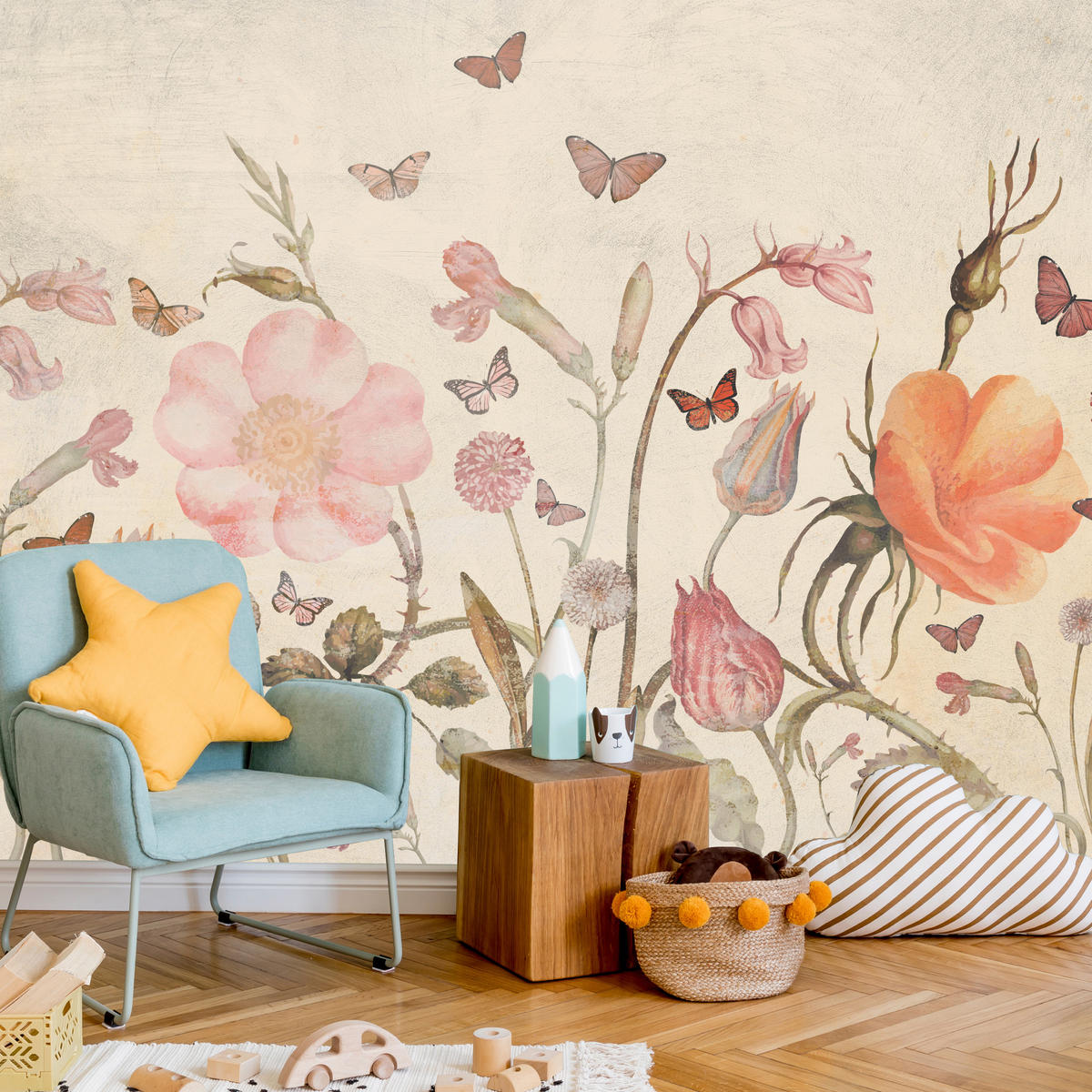 FOTOTAPETE für Kinderzimmer Wiesenblumen Aquarell Schmetterlinge Boho 500x350 - Beige/Rot, Papier (500/350cm) - Muralo