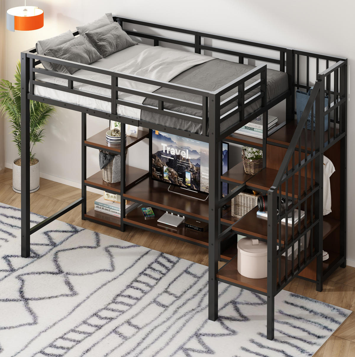 HOCHBETT 90/200 cm Schwarz aus Metall mit TV-Ständer und Steckdose - Schwarz, Metall (90/200cm) - OKMYHOME