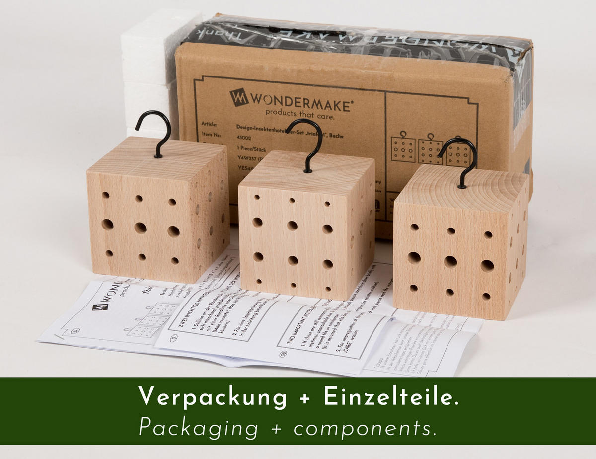INSEKTENHOTEL klein aus Buche-Holz, 3er Set, hängend - Braun, Holz (8.3/12.2/8.3cm) - WONDERMAKE