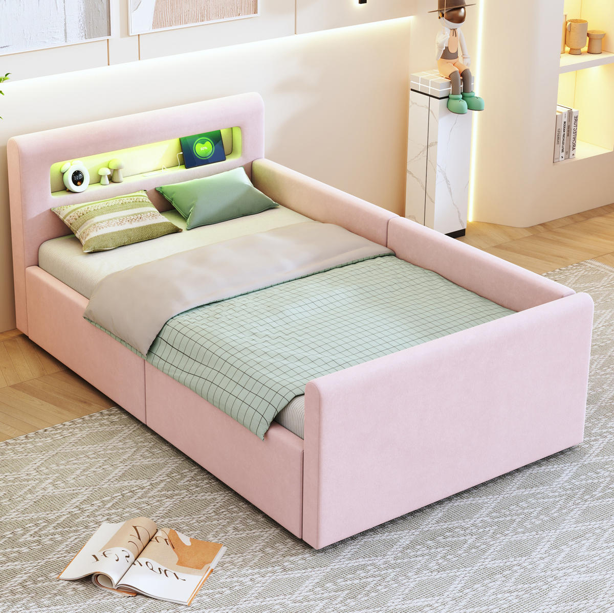 POLSTERBETT 90/200 cm Rosa mit Stauraum und LED-Beleuchtung - Rosa, Textil (90/200cm) - Flora Grace