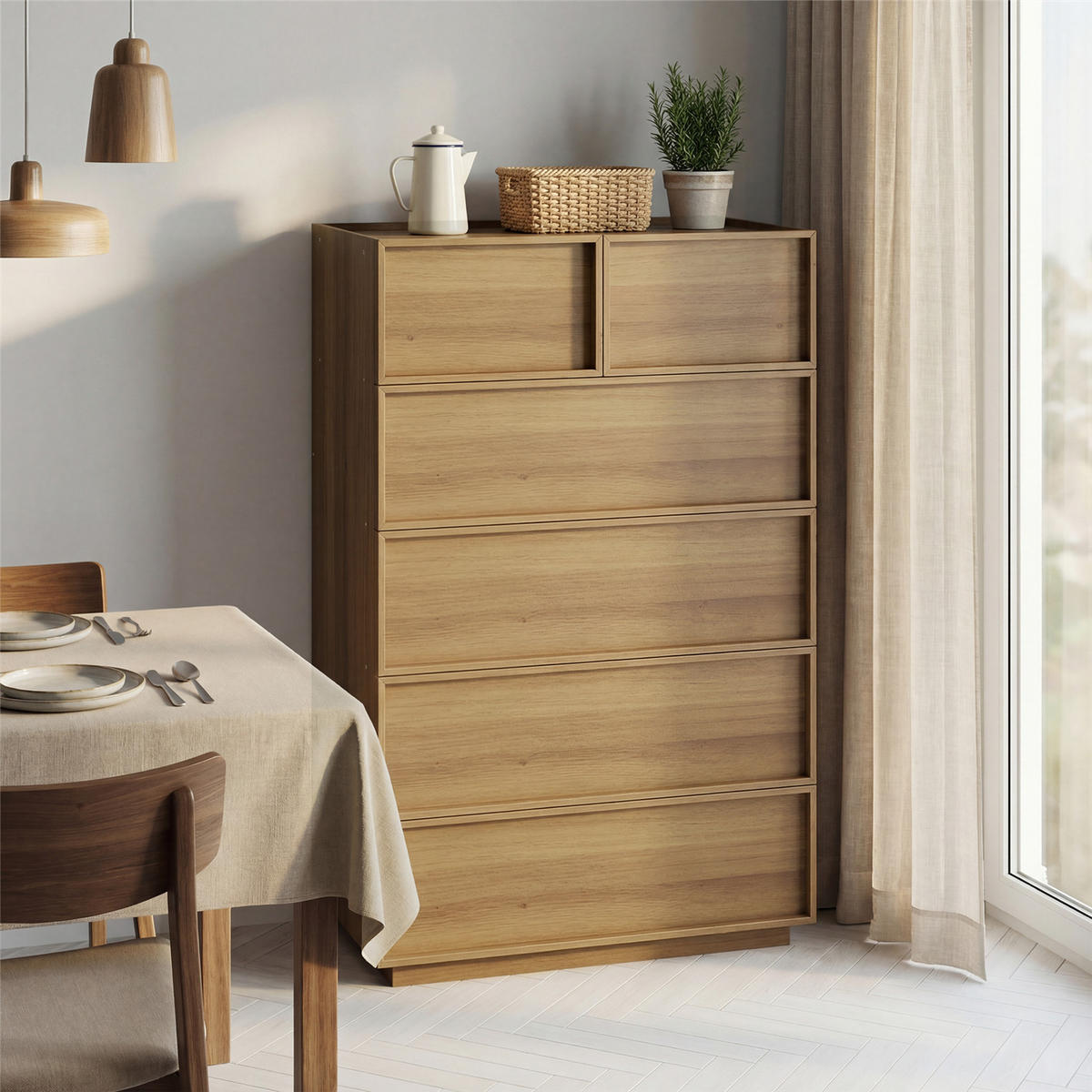 KOMMODE Eiche 80x127x48 cm Hochkommode 6 Schubladen - Hellbraun, Holz (48/127.5/80cm) - Kaket