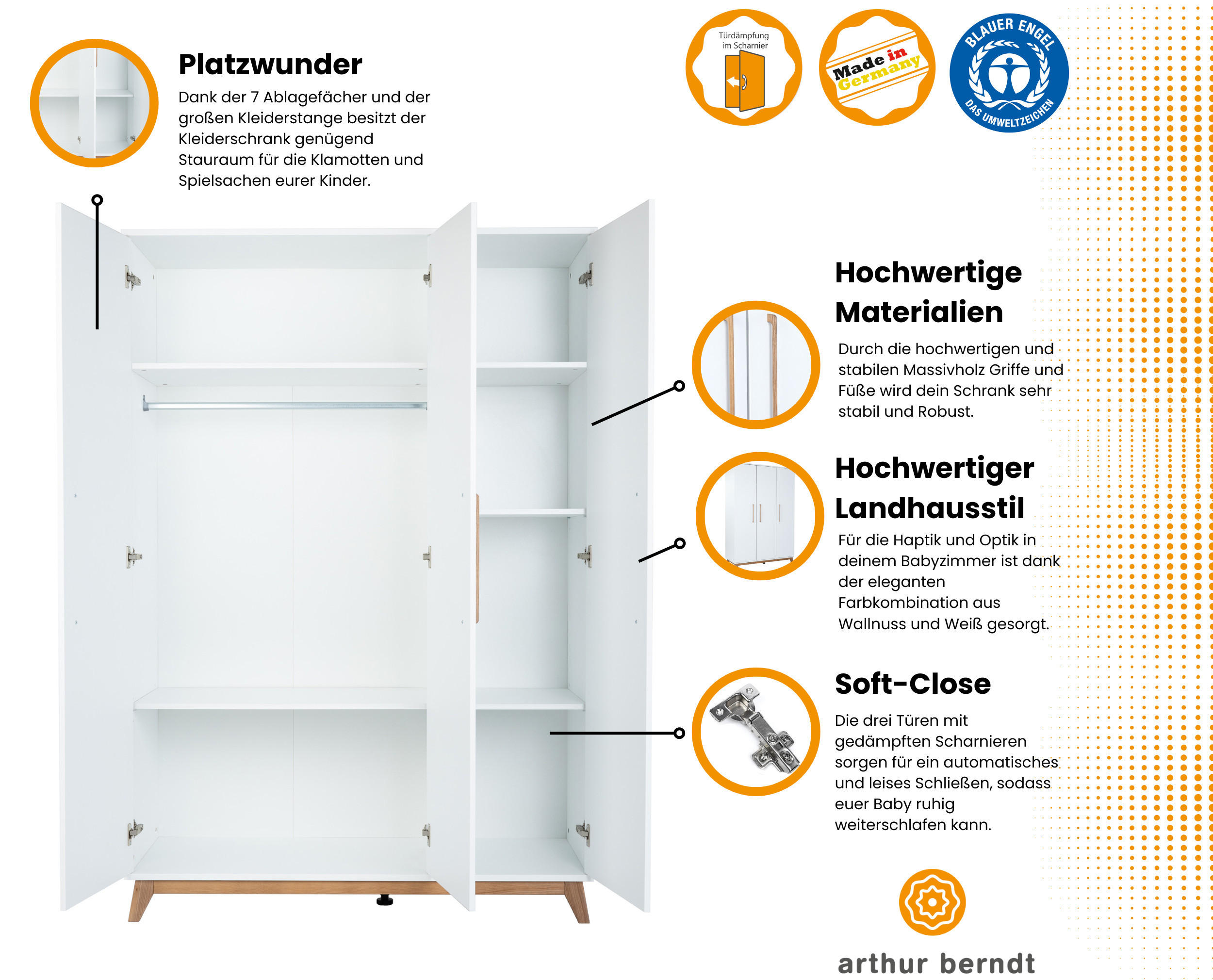 KLEIDERSCHRANK Lina 130/192/51 cm Kreideweiß Soft-Close - Walnussfarben/Weiß, Holz/Holzwerkstoff (130/192/51cm) - arthur berndt