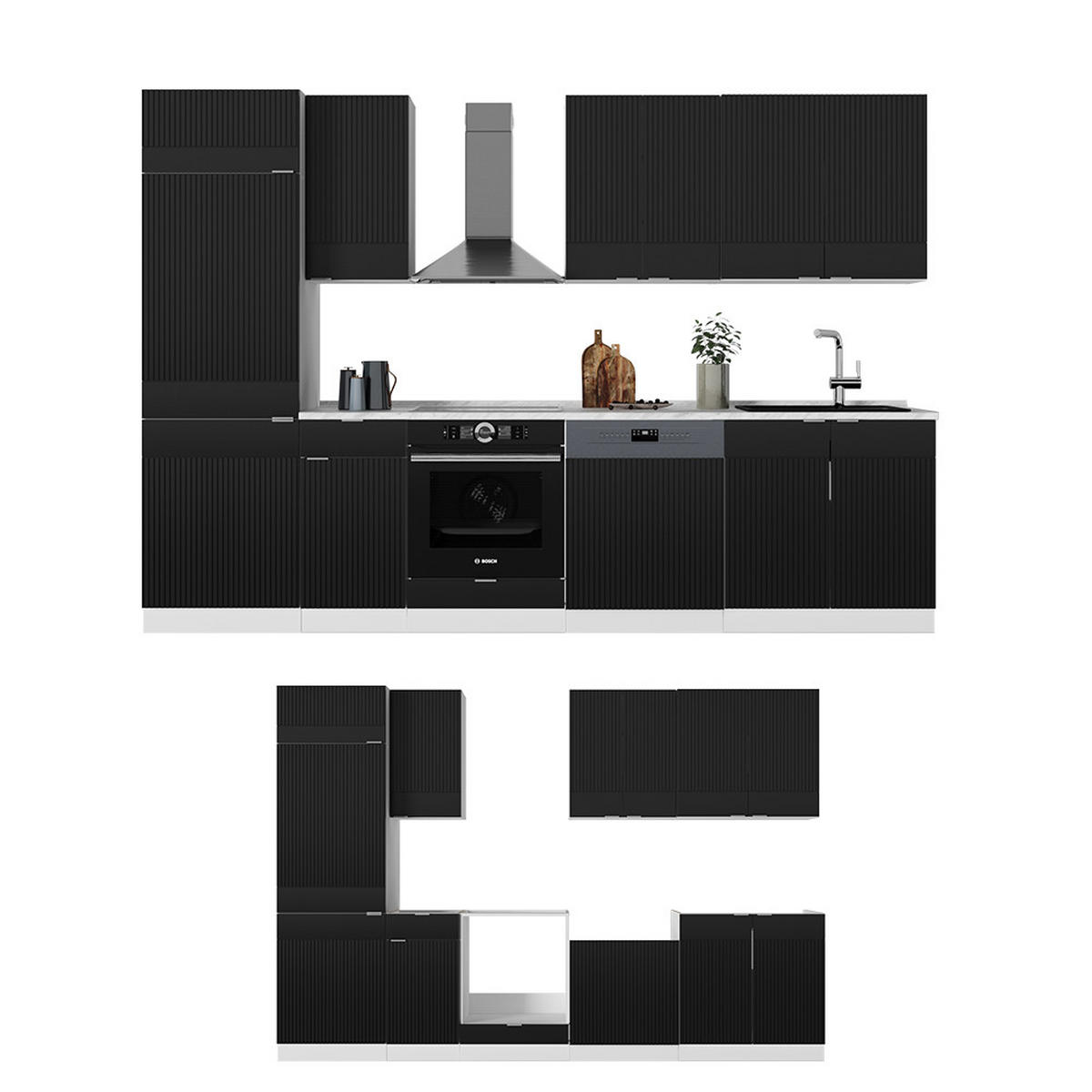 KÜCHENZEILE Fame-Line, Schwarz gestreift/Weiß, 300 cm, AP Eiche - Schwarz/Weiß, Holzwerkstoff (300/81.6/60cm) - Vicco