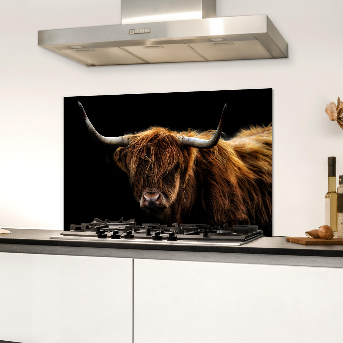 SPRITZSCHUTZ KÜCHE Schottischer Highlander - Hörner - Schwarz - Tiere - Natur - Wild - Kuh 60x40 cm - Cognac, Metall (60/0.3/40cm) - MuchoWow