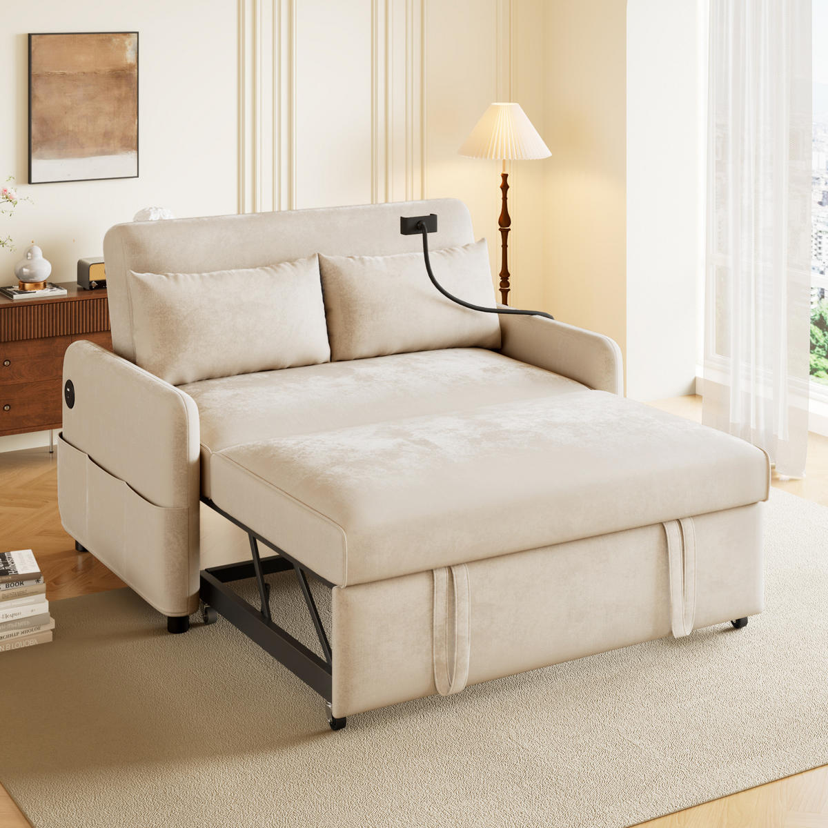 SOFA od chenille tkanine, 129/163/81 cm bež, na razvlačenje s USB-om - bež, tekstil (129/81/76cm) - BEAOK