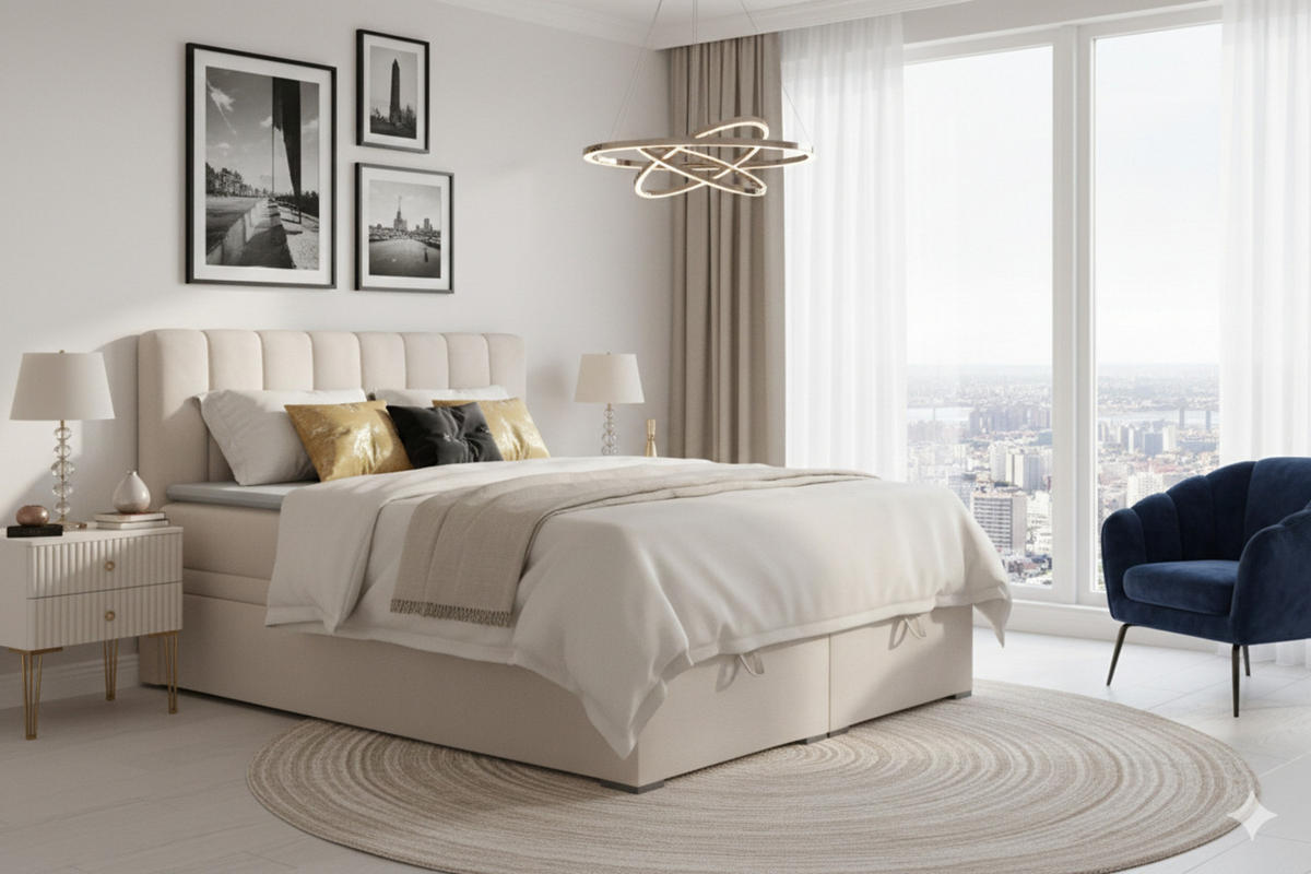 BOXBETT DAVID 140/200 Velour Ecru mit einer Matratze H4 - Ecru, Holz/Holzwerkstoff (140/200cm) - Deine Möbel 24