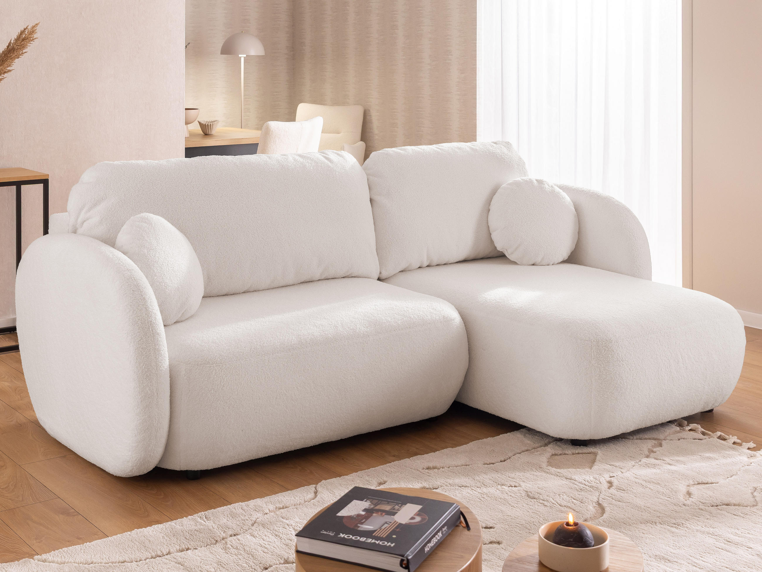 ECKSOFA Candy mit Schlaffunktion Weiß Bouclé-Stoff - Ottomane rechts - Schwarz/Weiß, Holz/Kunststoff (146/230cm) - S-Style Möbel