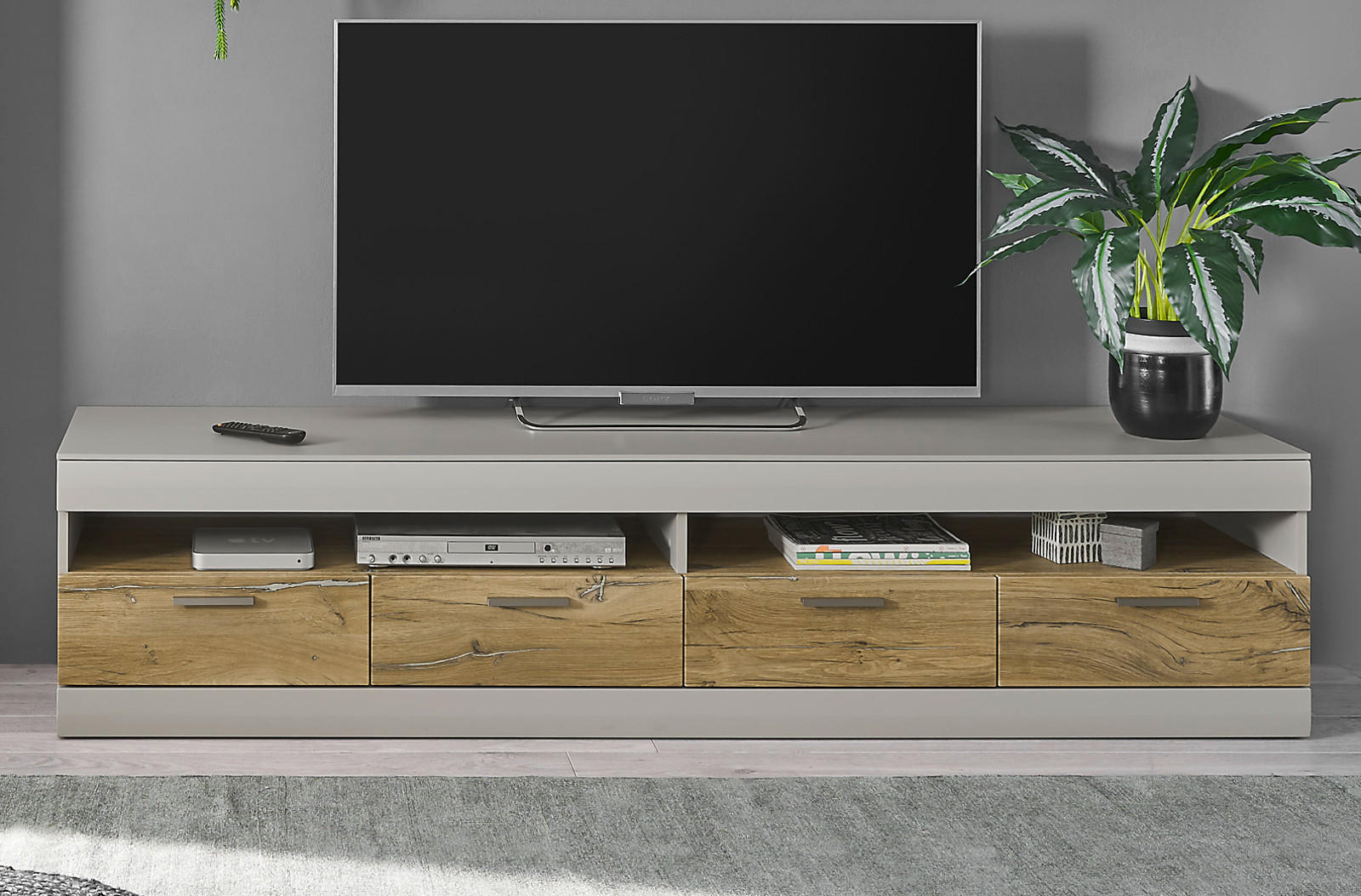 TV-LOWBOARD grau matt, Zinneiche 200, TV Unterteil XXL mit Soft-Close - Eichefarben/Silberfarben, Holzwerkstoff/Metall (200/46/45cm) - Furn.Design