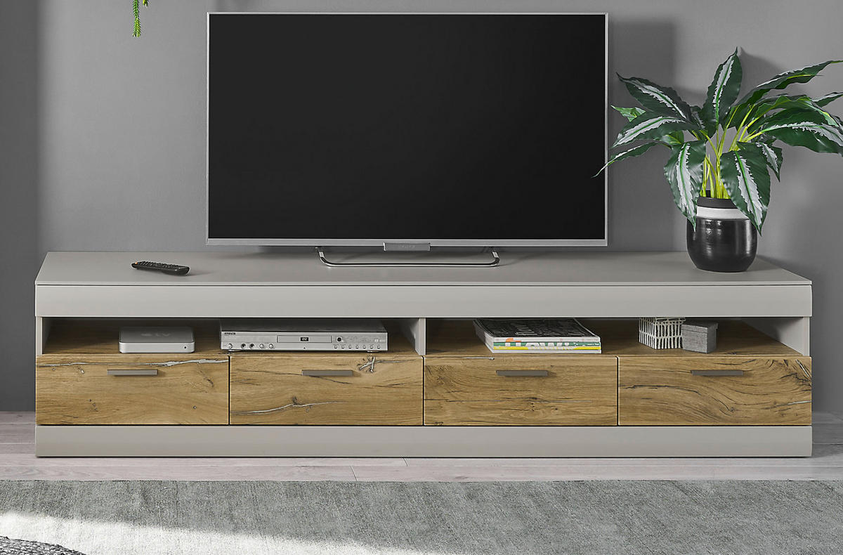 TV-LOWBOARD grau matt, Zinneiche 200, TV Unterteil XXL mit Soft-Close - Eichefarben/Silberfarben, Holzwerkstoff/Metall (200/46/45cm) - Furn.Design