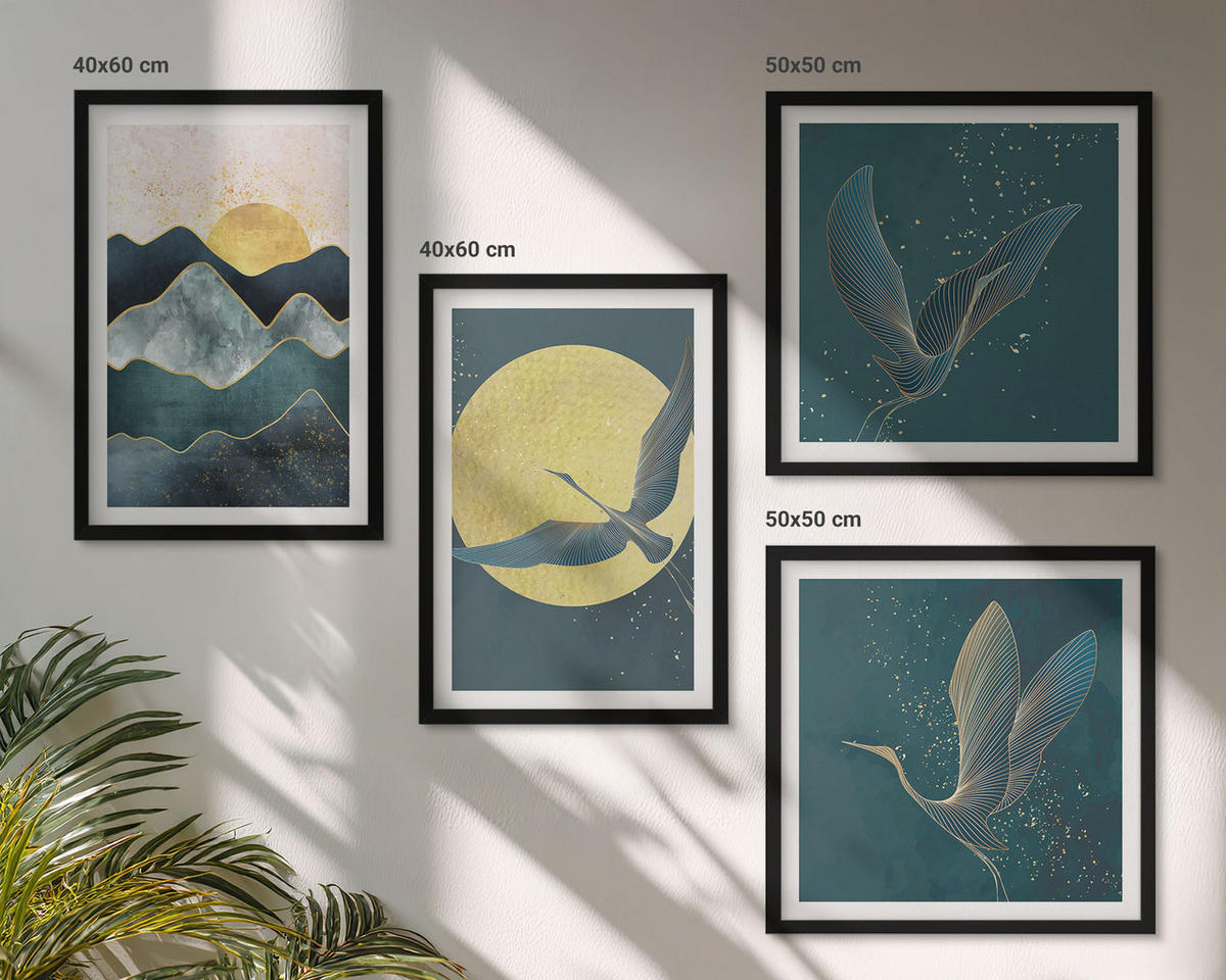 WANDBILDER 4er-Set - 50x50 cm & 40x60 cm Schwarzer Rahmen - Vögel, Kraniche, Mond, Berge - Schwarz, Kunststoff (50/50cm) - ArtPrintCave