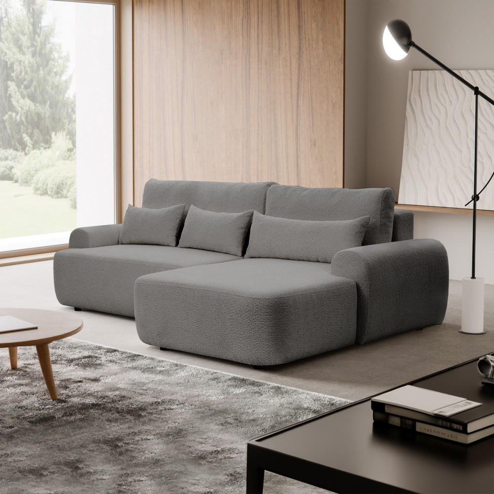 ECKSCHLAFSOFA Oliver im Bouclé-Gewebe, Grau, rechts - Schwarz/Grau, Textil (266/160cm) - Beautysofa