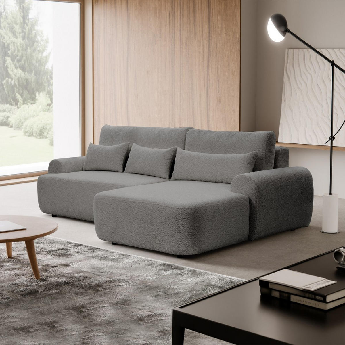 ECKSCHLAFSOFA Oliver im Bouclé-Gewebe, Grau, rechts - Schwarz/Grau, Textil (266/160cm) - Beautysofa