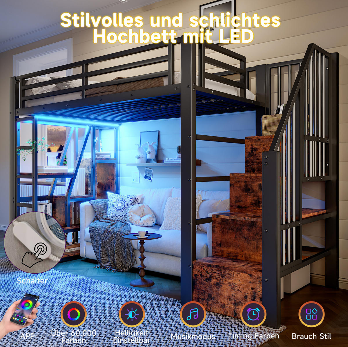 HOCHBETT 90/200 cm Schwarz aus MDF und Metall mit LED-Lichtleiste - Schwarz, Holzwerkstoff (90/200cm) - OKMYHOME