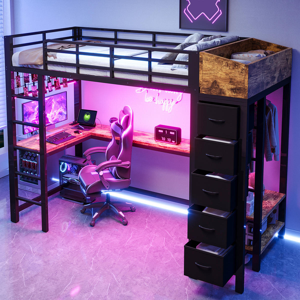 HOCHBETT 90x200cm Metall Gaming Schreibtisch LED USB Schwarz - Schwarz, Metall (90/200cm) - FLIEKS