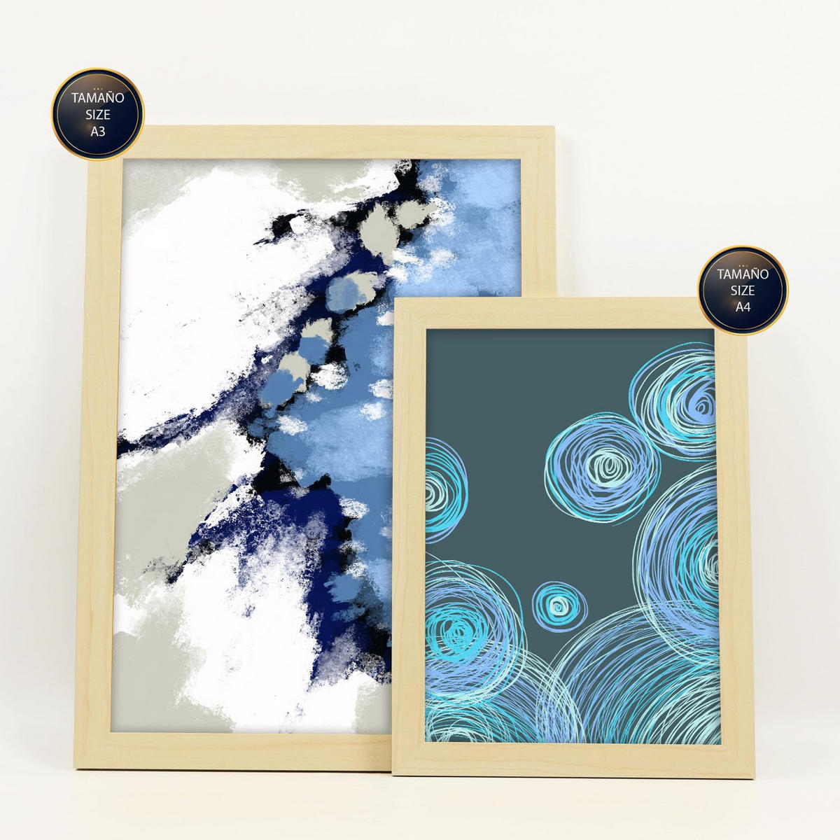 POSTER Set Mit 6 Blau Alte Koffer In Kulissen Abstracts Ästhetische Dekorative Gemälde Für Ihr Wohnzimmer Zuhause A3 & A4 Rahmen Aus Hellem Holz - Beige, Papier (29/3cm) - Nacnic