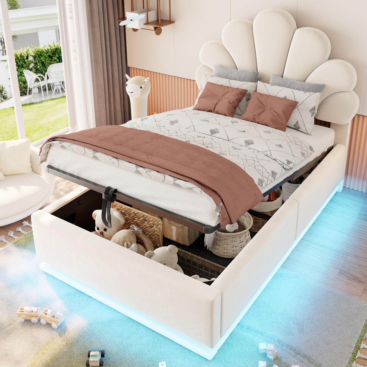 STAURAUMBETT 90/200 cm mit Blüten-Kopfteil und LED, DE-41667, in Beige - Beige, Metall (90/200cm) - ComfortXL