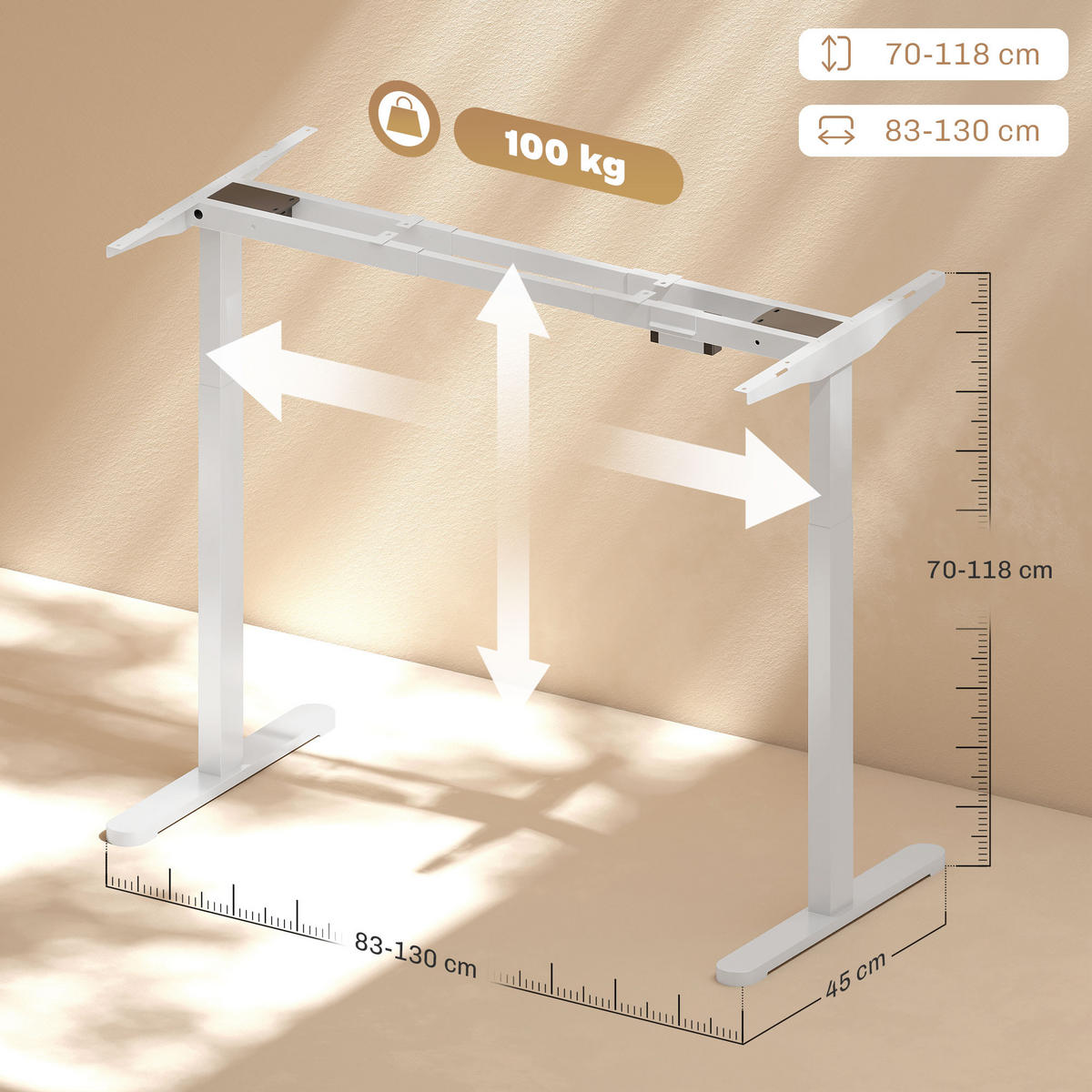 HÖHENVERSTELLBARER-SCHREIBTISCHGESTELL Stahl Weiß - Weiß, Metall (60/118/100cm) - HOMCOM