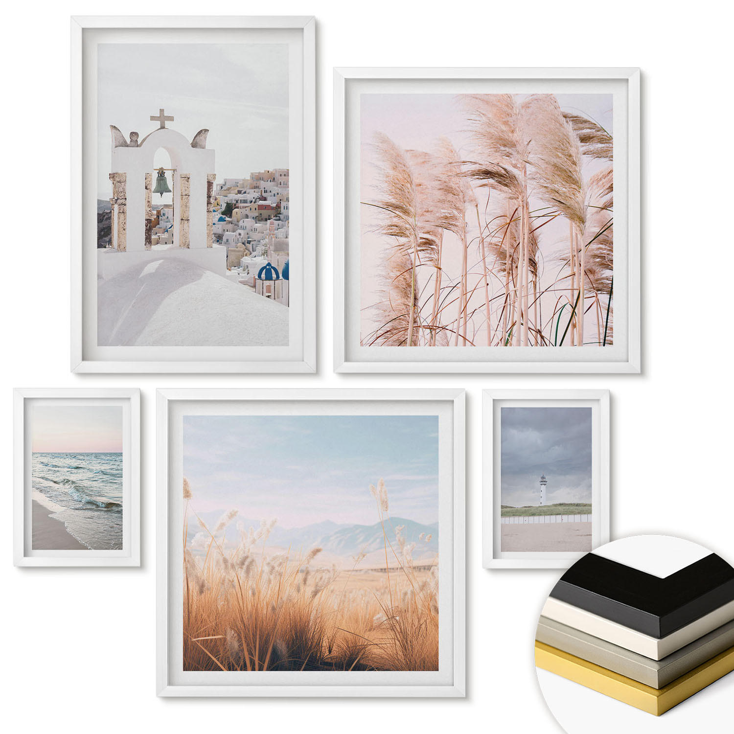 WANDBILDER 5er-Set - 50x50 cm & 20x30 cm & 40x60 cm Weißer Rahmen - Pflanzen, Meereswellen, Aussicht, Häuser - Weiß, Kunststoff (40/60cm) - ArtPrintCave
