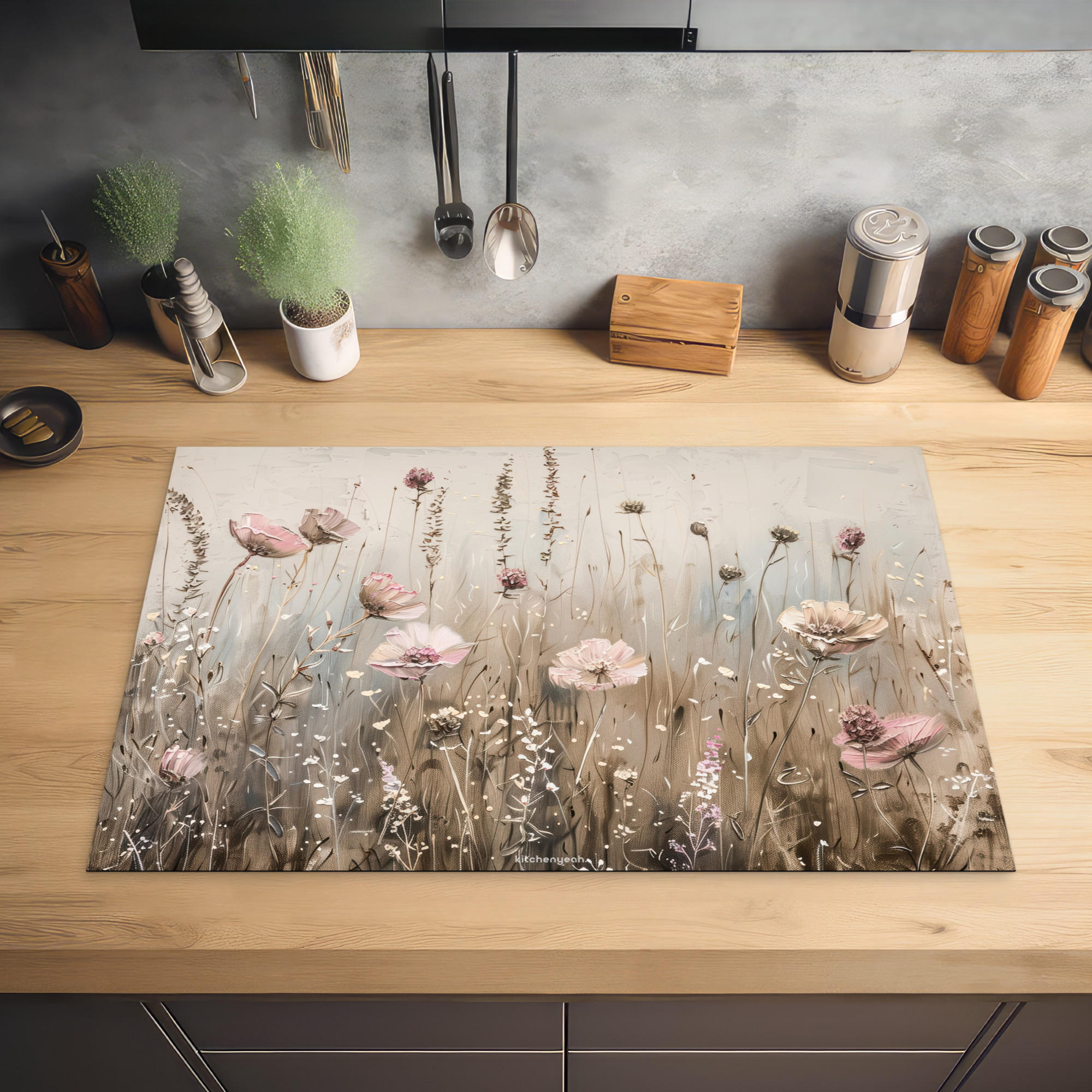 HERDABDECKPLATTE Blumen - Beige - Trockenblumen 80x52 cm - Beige, Kunststoff (80/0.2/52cm) - MuchoWow