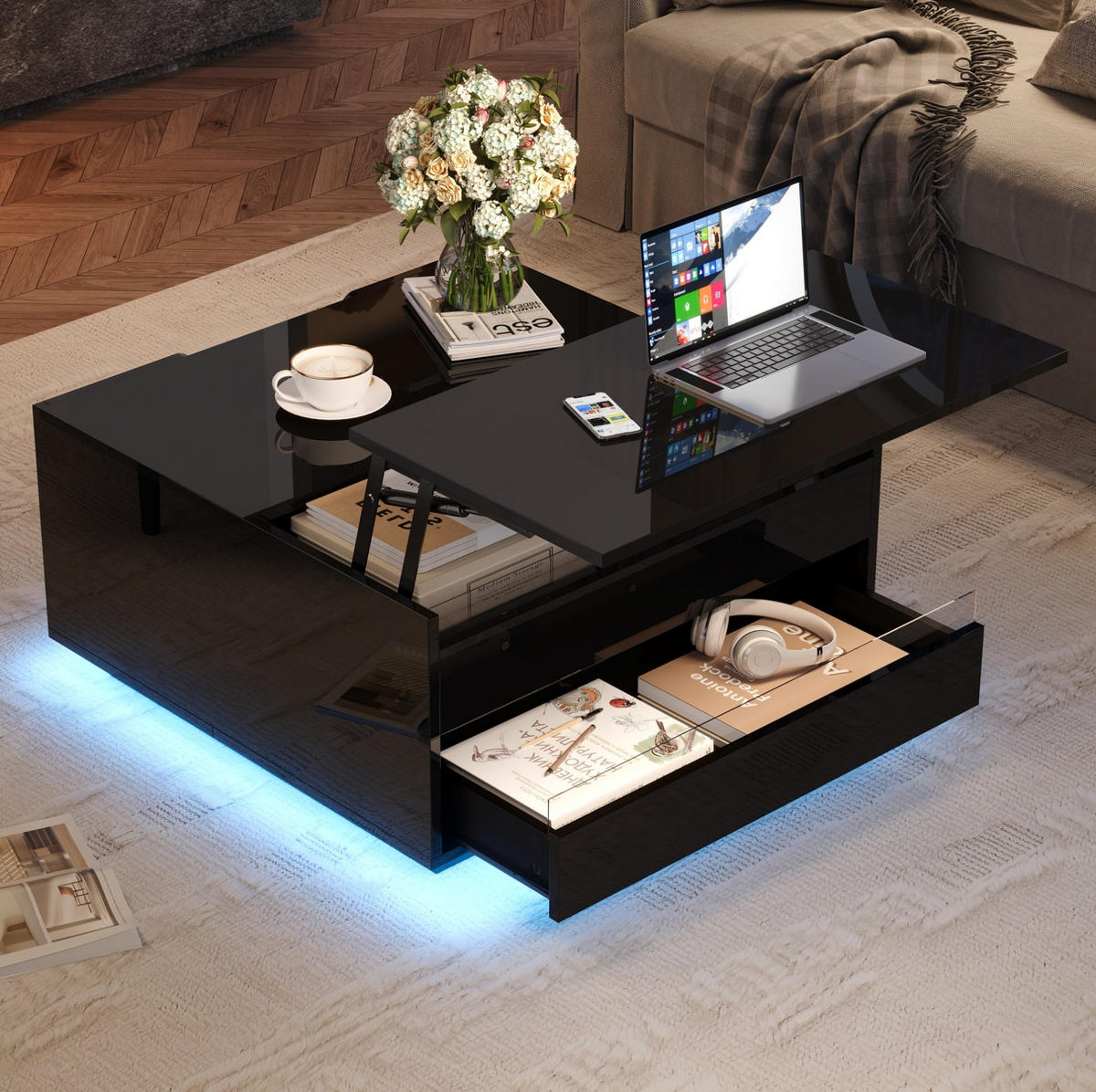 COUCHTISCH mit Hubplatte 70x70 cm Hochglanz Schwarz mit LED und Schublade - Schwarz, Holzwerkstoff (70/70/38cm) - Meubliv