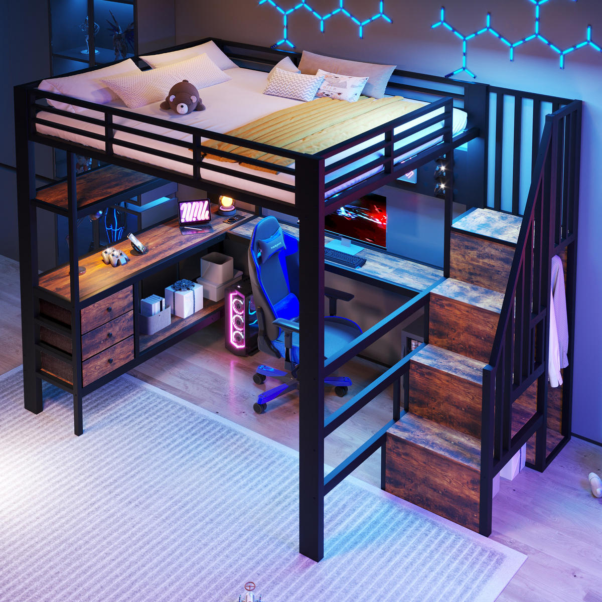 HOCHBETT 140/200 cm, Schwarz mit Ablagefläche, Schubladen, LED - Schwarz, Metall (140/200cm) - MIVRAY